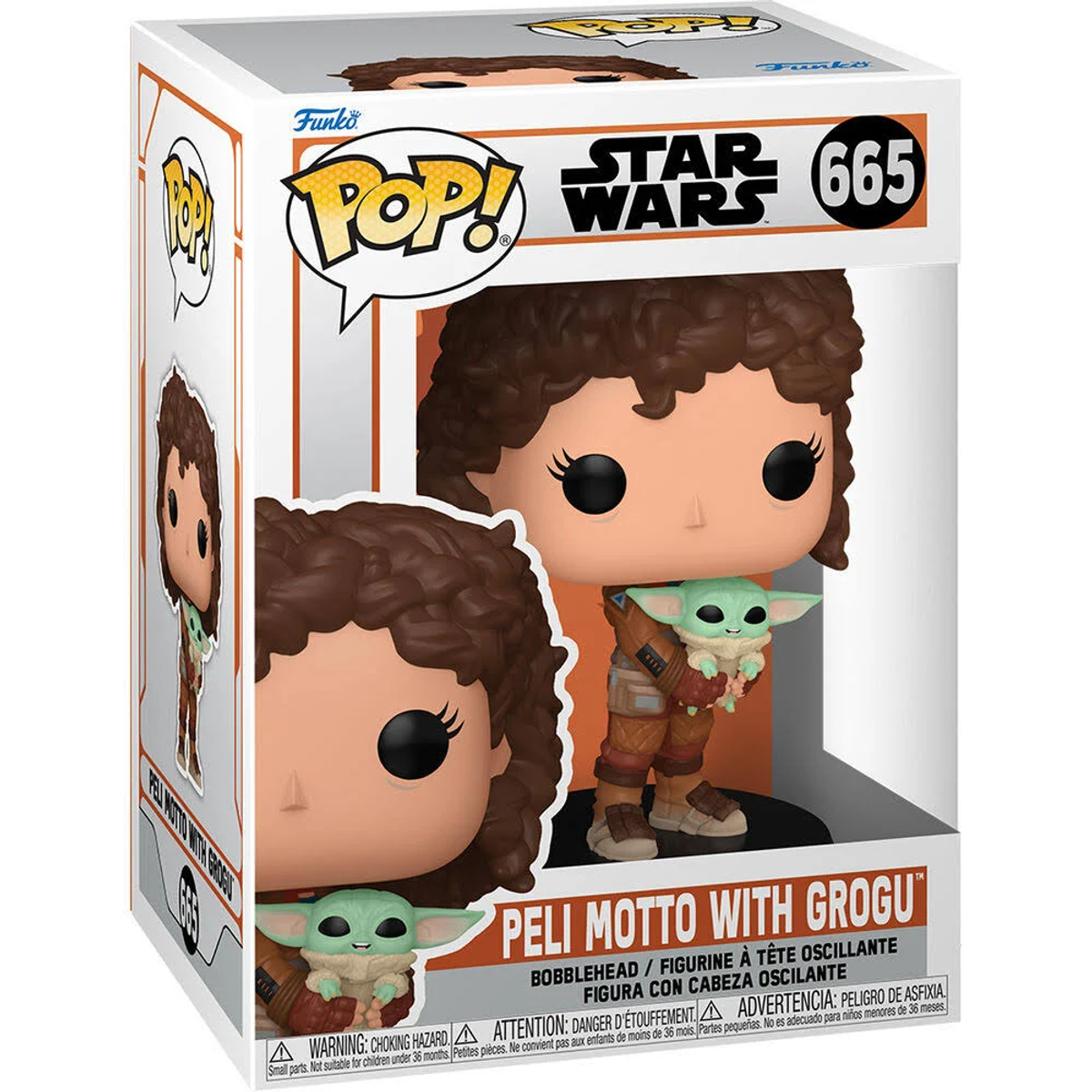 Scatola Funko Pop con una figura di Peli Motto che tiene Grogu. La scatola presenta il logo di Star Wars.