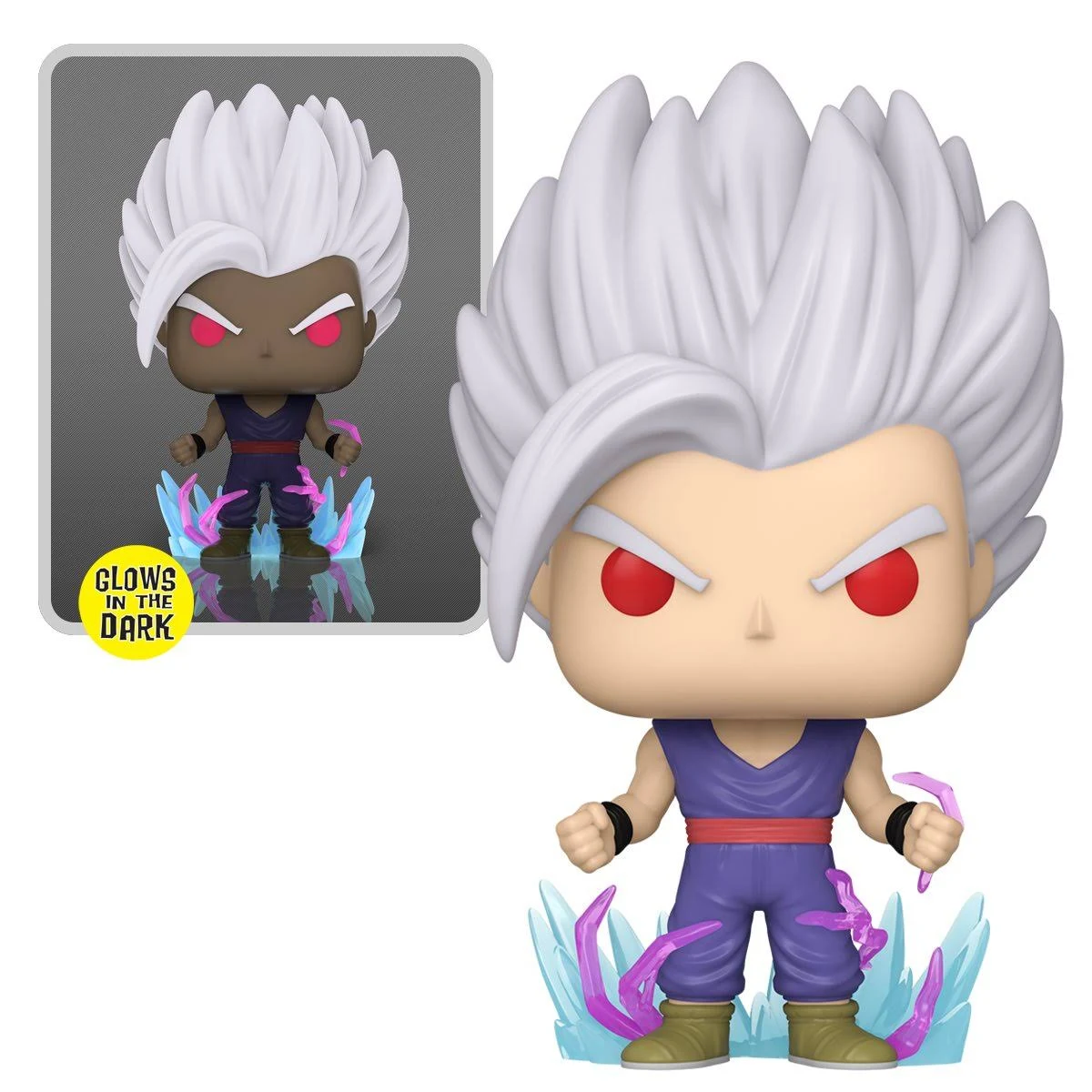 Figurina Funko Pop: Gohan con capelli bianchi e occhi rossi, su base di cristallo. Immagine secondaria.