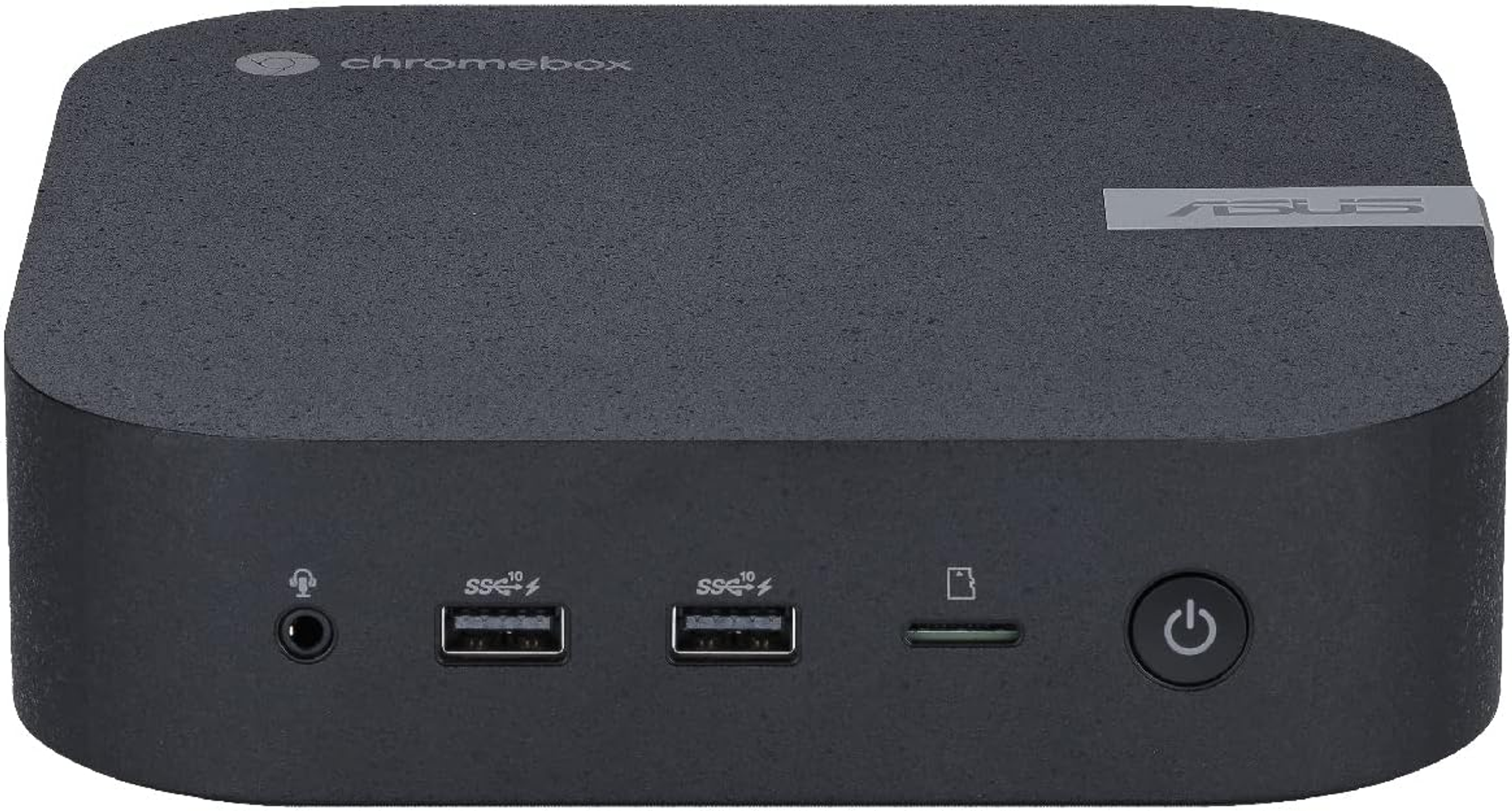 Czarne urządzenie chromebox z różnymi portami i przyciskiem zasilania. Logo ASUS jest widoczne.