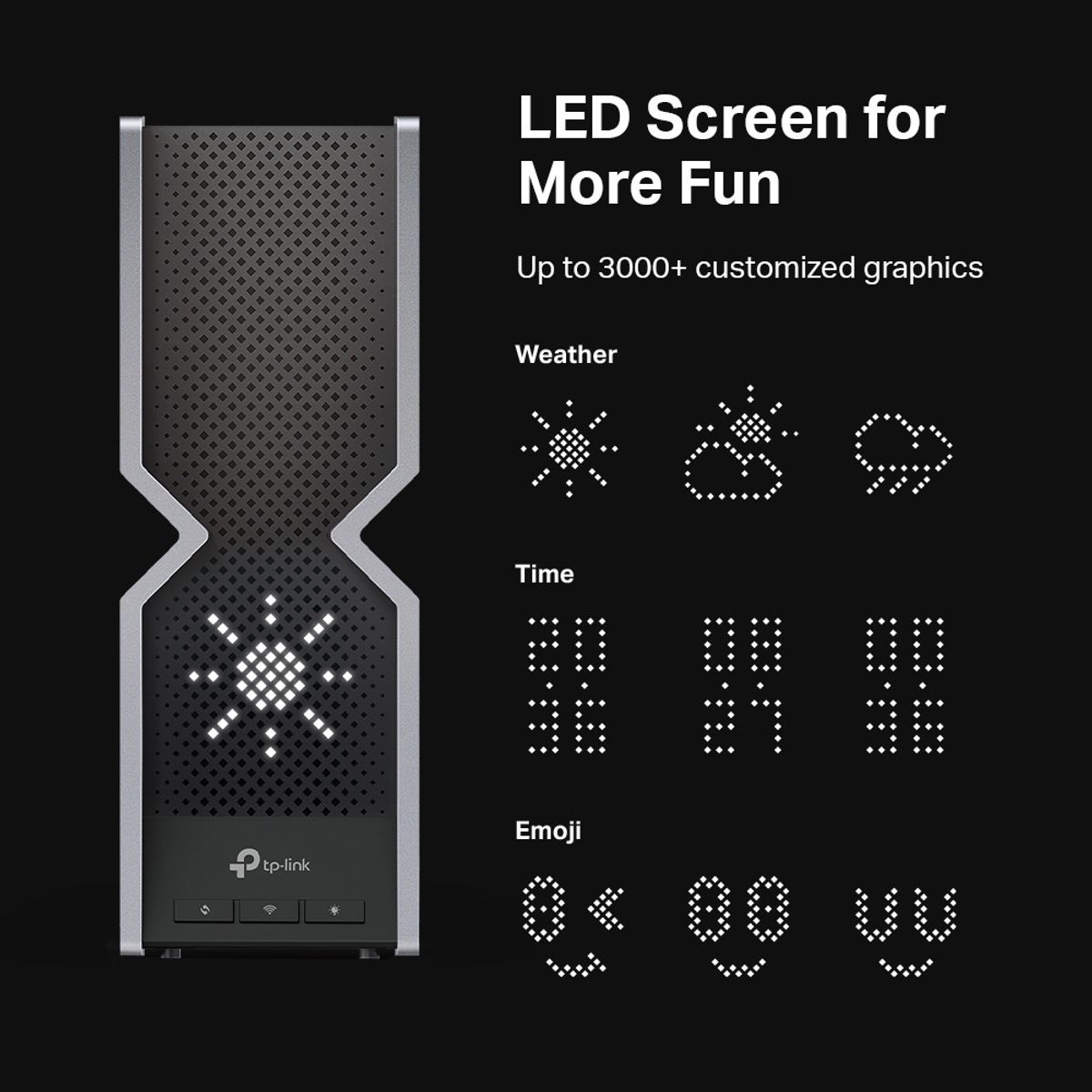 Een zwart apparaat met een LED-scherm dat tijd, weer en emoji's toont. Tekst geeft meer plezier aan.