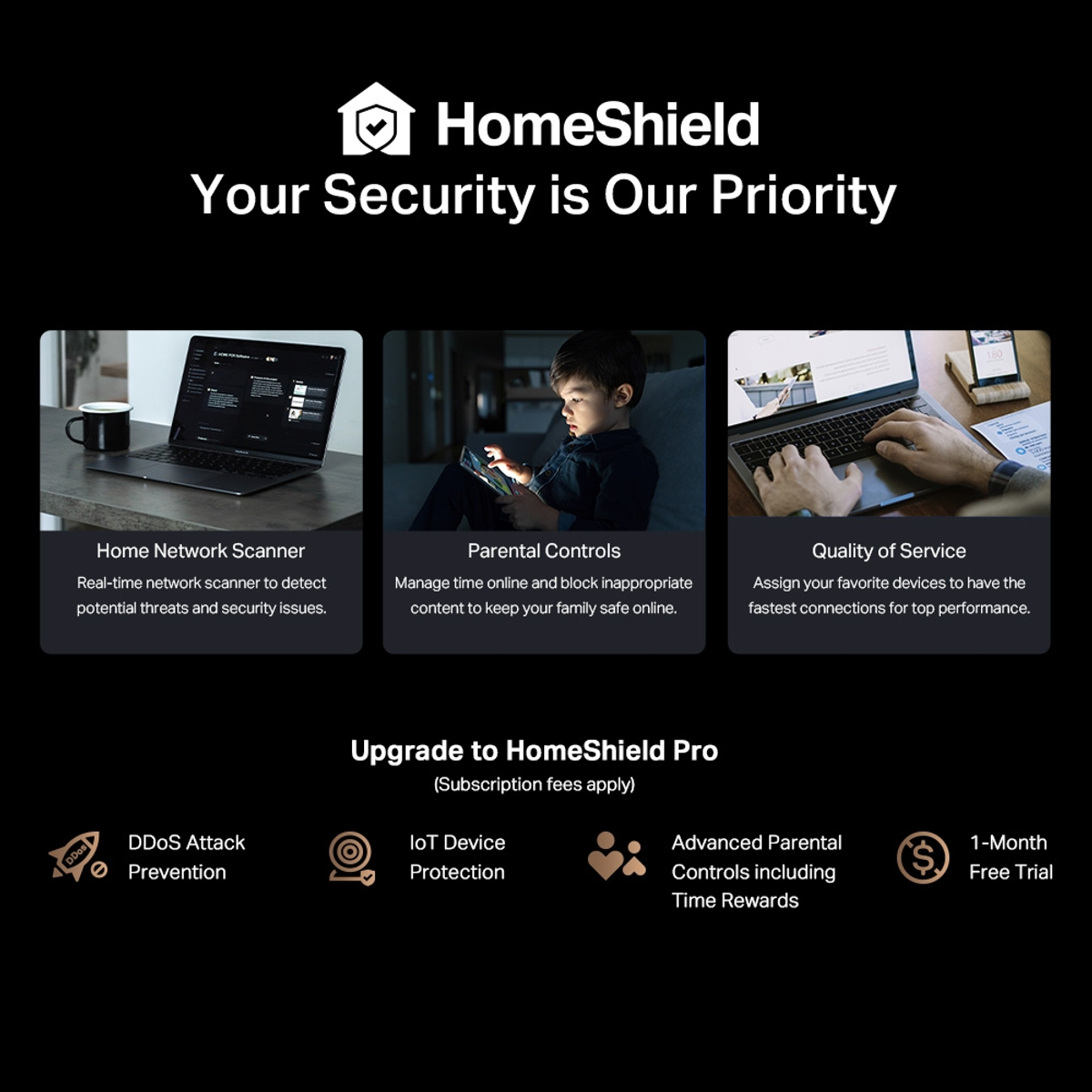 HomeShield-advertentie: Home Network Scanner, Ouderlijk toezicht, Quality of Service, en meer.