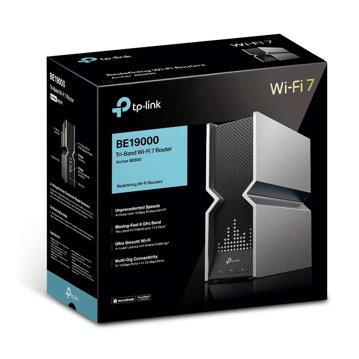 Doos van een TP-Link BE19000 Wi-Fi 7 router. Het is zwart en grijs met Wi-Fi 7 label.