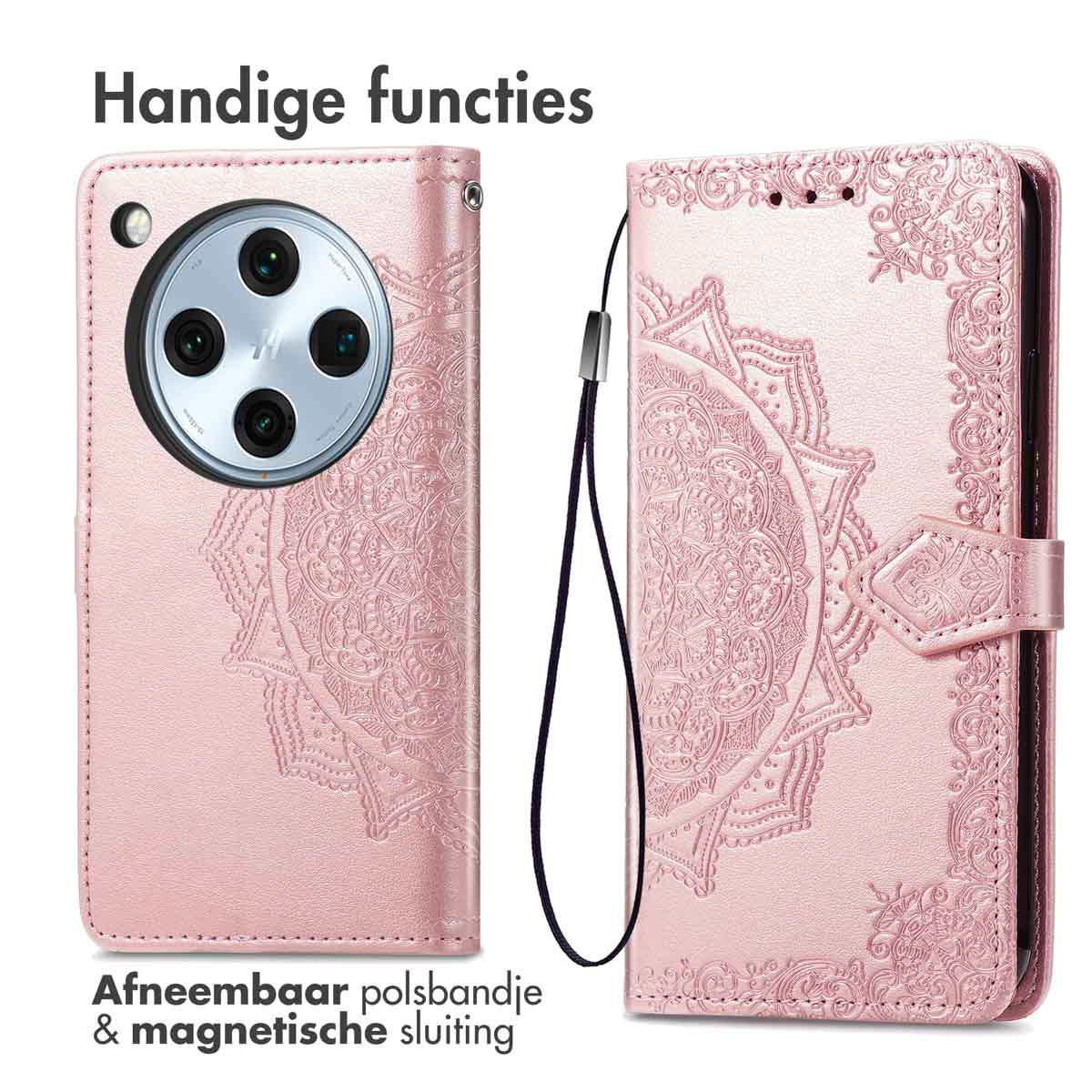 Roze telefoonhoesje, open en dicht, met mandala-ontwerp en polsbandje.