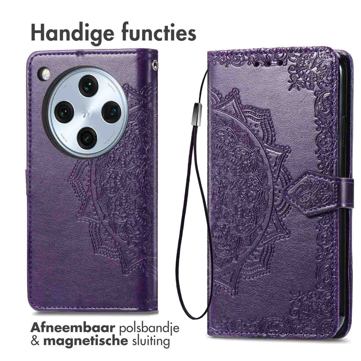Paarse telefoonhoes met een mandala-ontwerp, afneembare polsband en magnetische sluiting.
