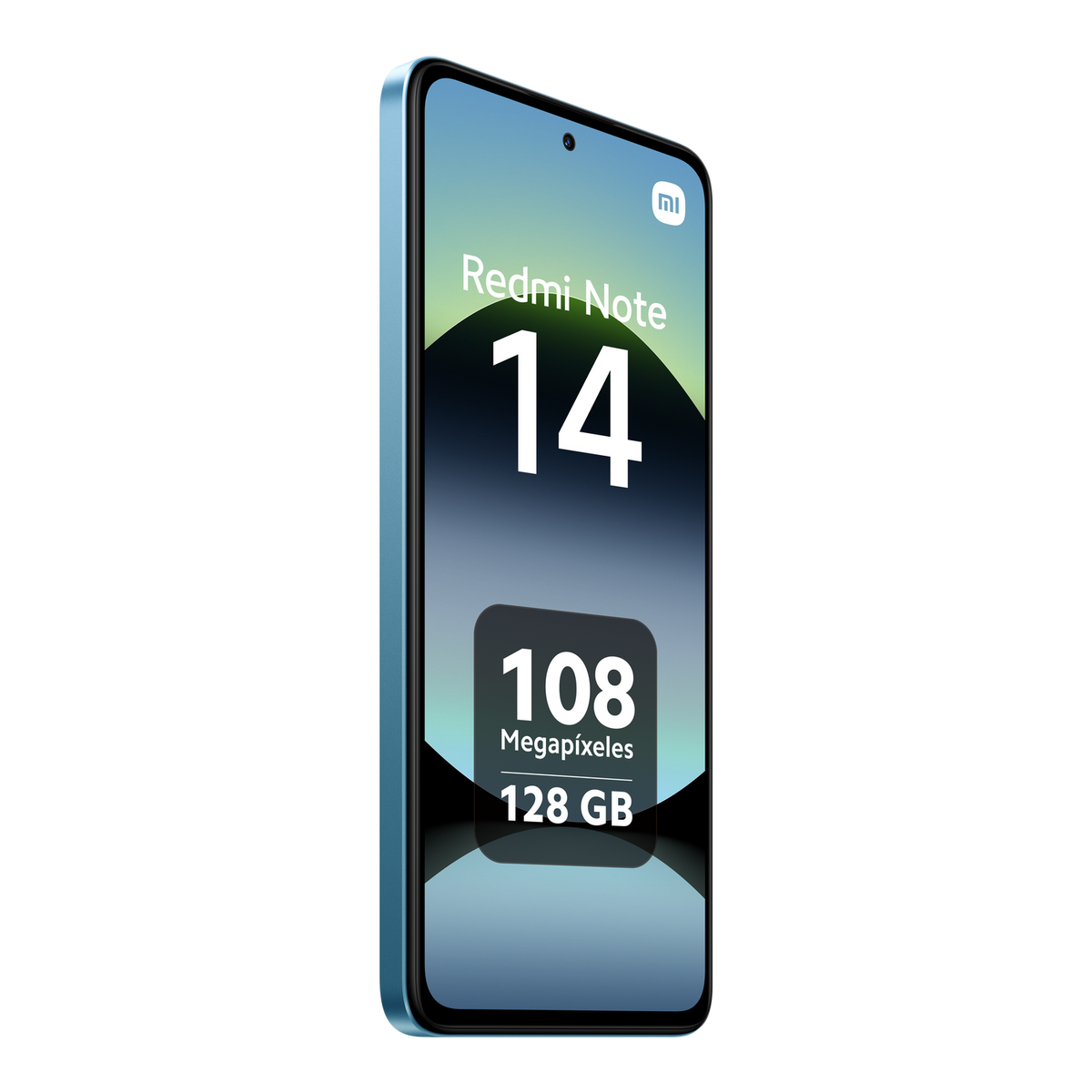 Telefon Redmi Note 14, kolor turkusowy, z ekranem pokazującym specyfikacje telefonu.