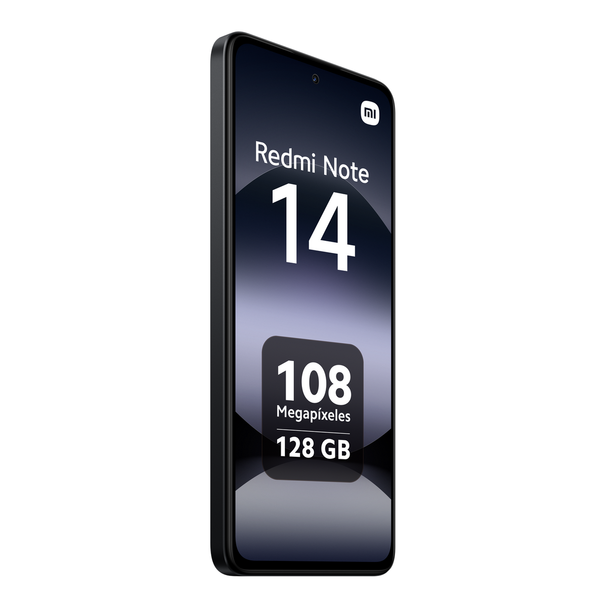 Czarny smartfon, Redmi Note 14 na ekranie z 108 megapikselami i 128 GB. Czarne tło.