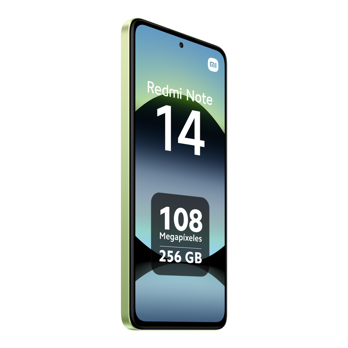 Zielony smartfon z dużym ekranem wyświetlającym szczegóły Redmi Note 14.