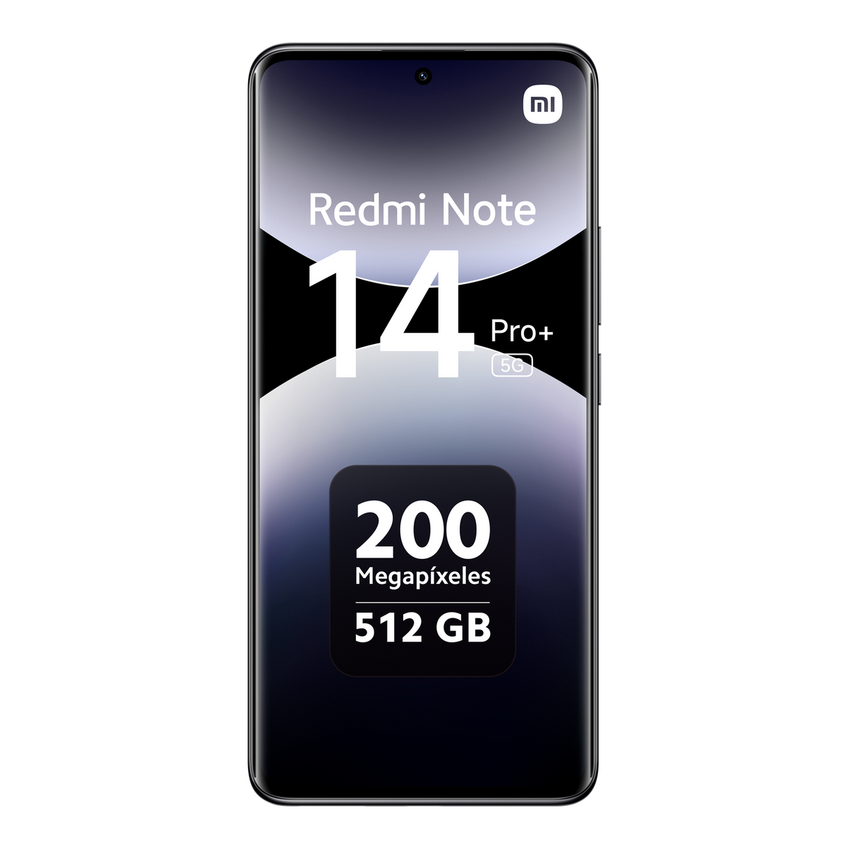 Smartfon z tekstem Redmi Note 14 Pro+ 5G, 200 megapikseli i 512 GB na czarnym tle.