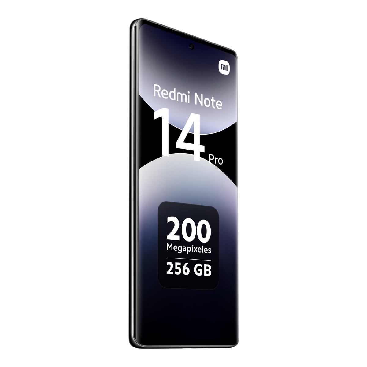 Czarny smartfon z dużym ekranem. Tekst na ekranie: Redmi Note 14 Pro z 200 megapikselami.