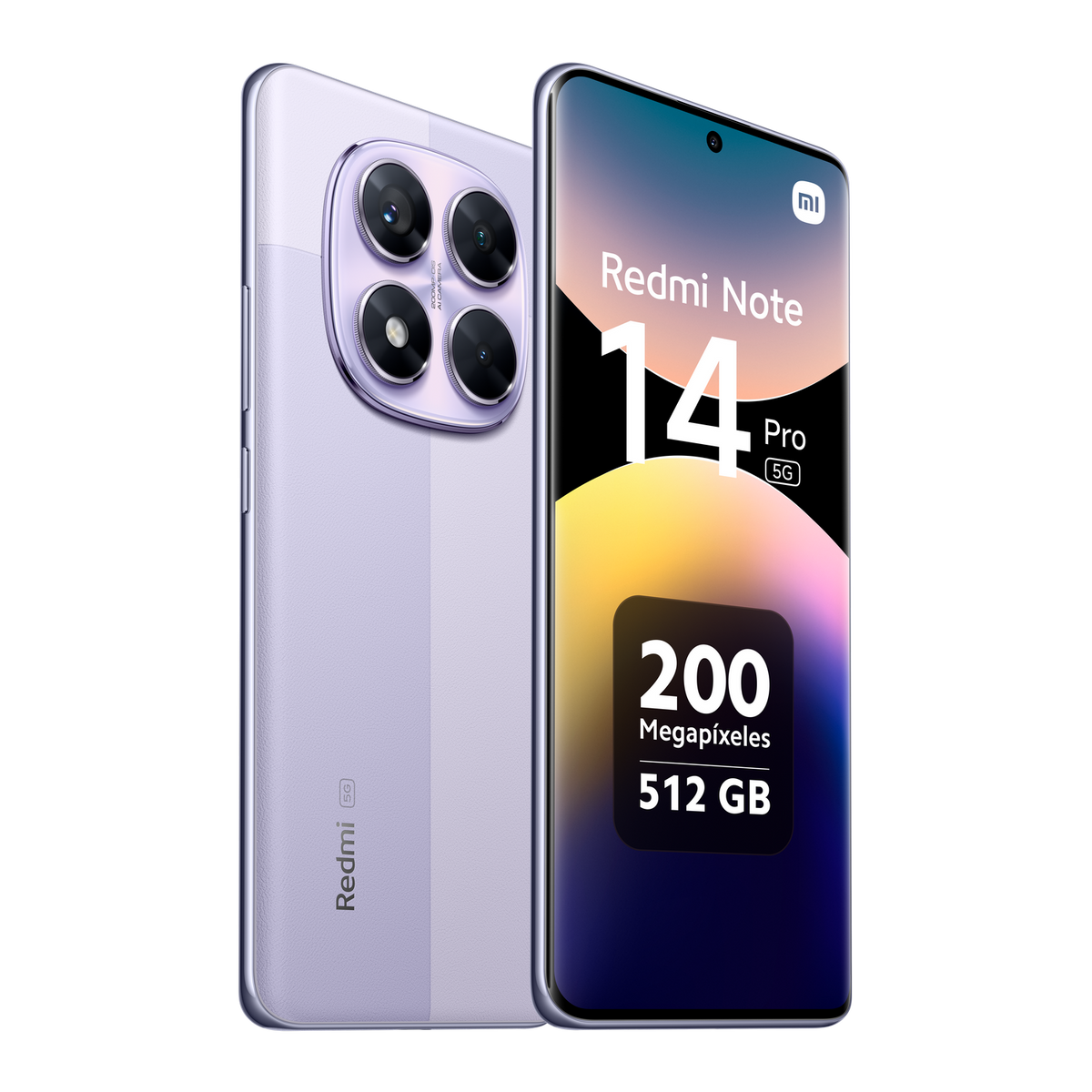 Telefon Redmi Note 14 Pro 5G, biało-fioletowy design, z widocznym aparatem i ekranem.