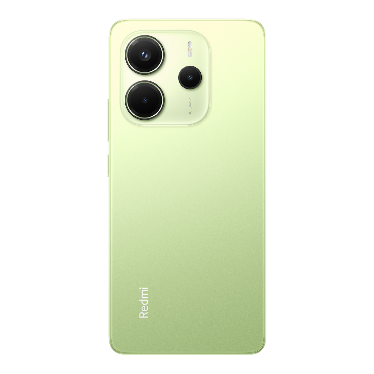 Zielony telefon z trzema tylnymi aparatami, logo Redmi widoczne na dole telefonu.