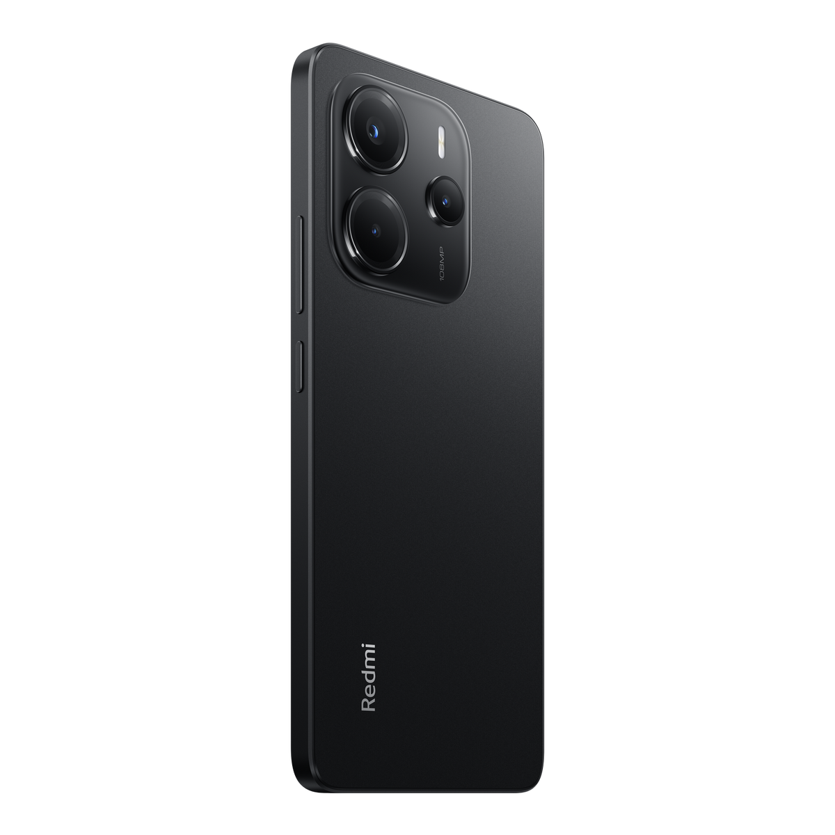 Czarny smartfon z potrójnym aparatem i logo Redmi z tyłu. Czarne tło.