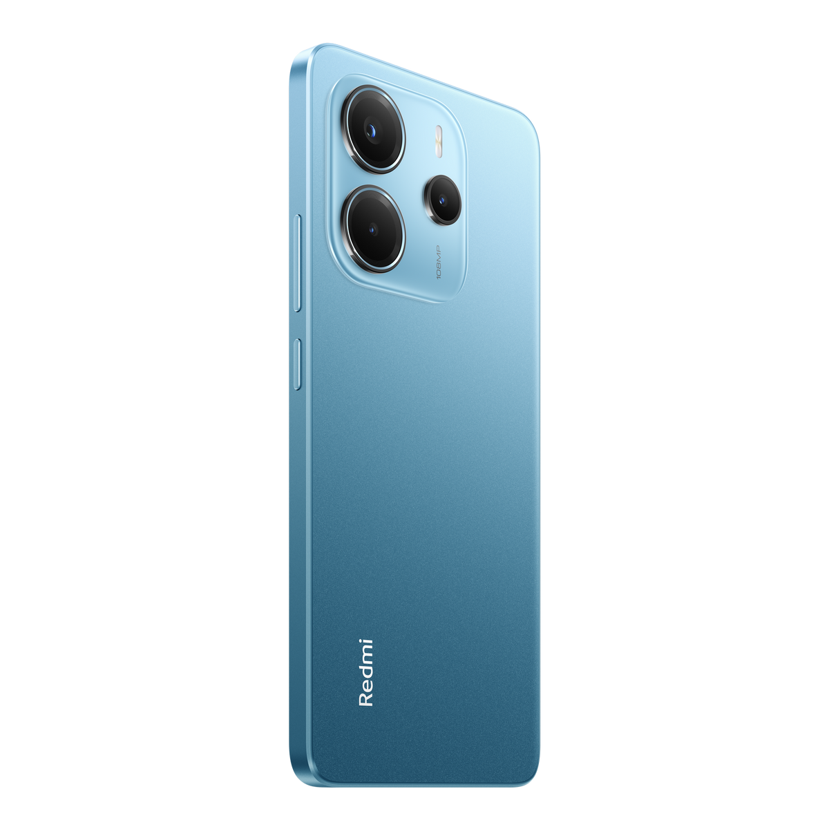 Niebieski smartfon z trzema tylnymi aparatami i logo Redmi, ustawiony pod kątem na czarnym tle.