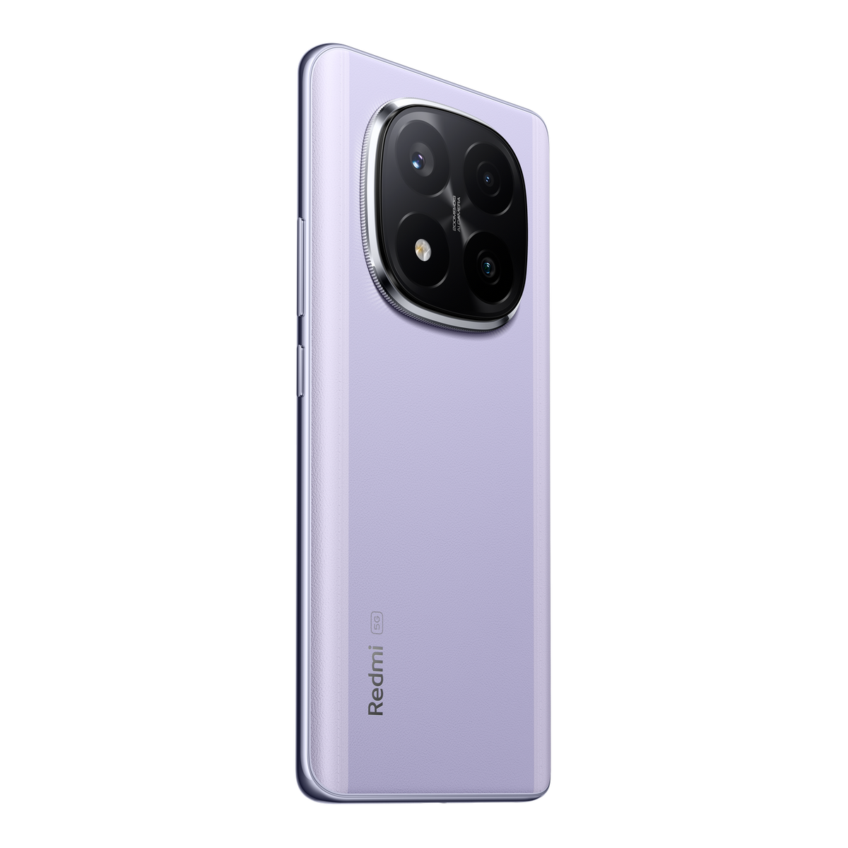 Fioletowy smartfon z dużym zestawem aparatów z tyłu, pochylony w prawo.