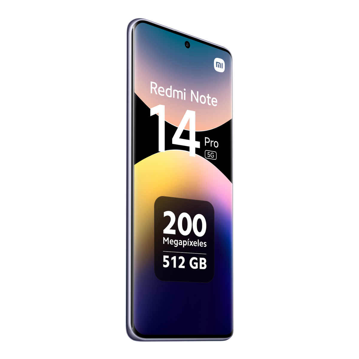 Telefon Redmi Note 14 Pro 5G, czarny ekran z info. Fioletowo-żółty gradient.