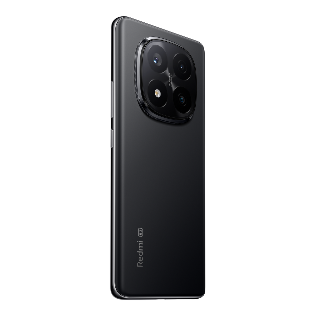 Czarny smartfon z dużym zestawem kamer. Logo Redmi 5G.