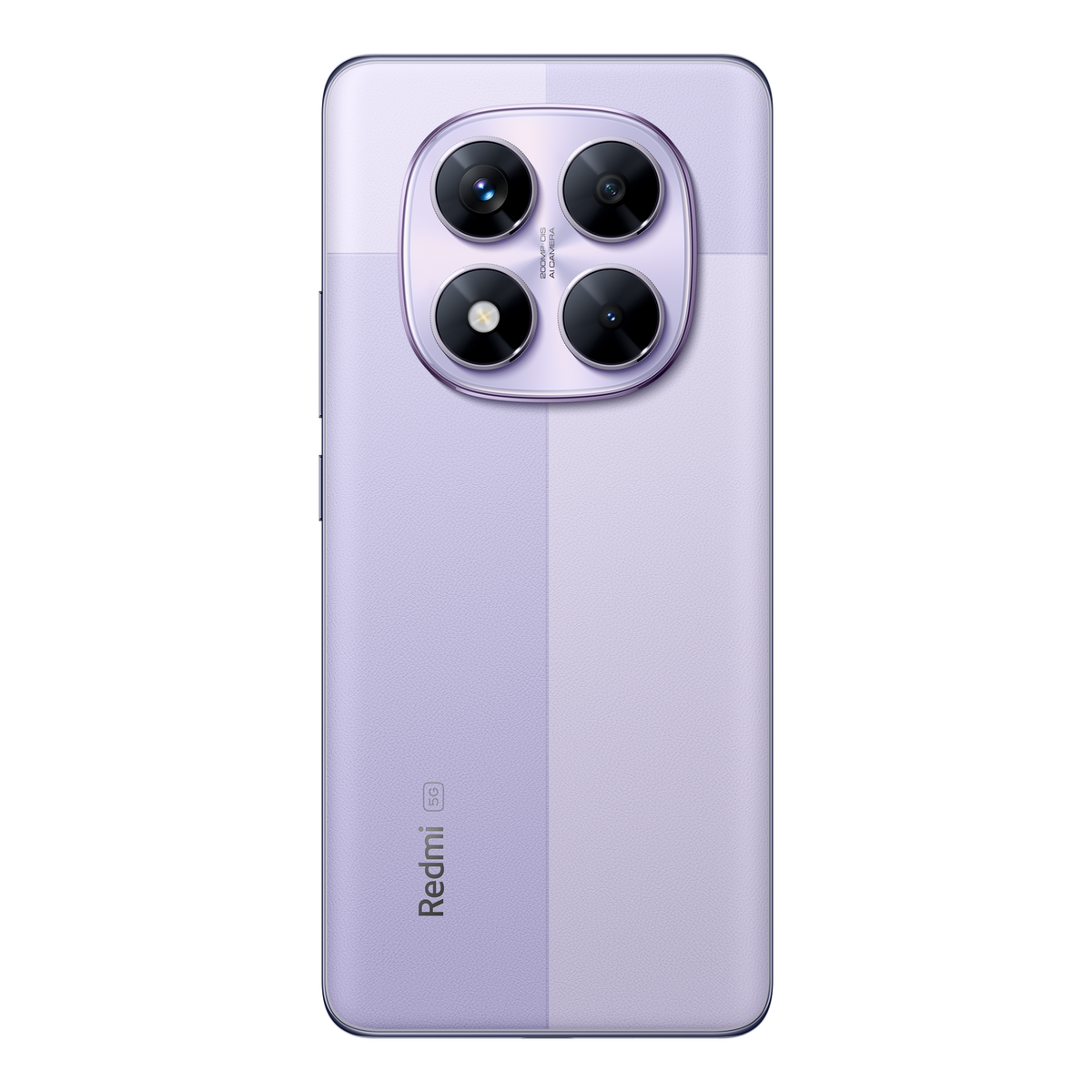 Tył fioletowego smartfona z czterema aparatami i logo Redmi, na czarnym tle.