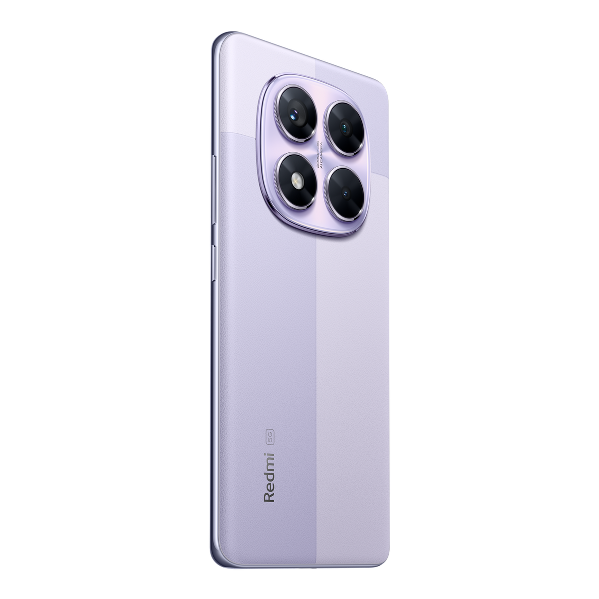 Fioletowy smartfon z czterema tylnymi aparatami, na czarnym tle, lekko pod kątem.