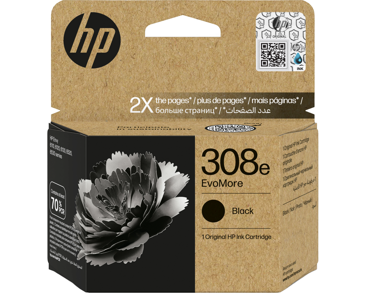 Scatola della cartuccia d'inchiostro HP con un design floreale e il testo '308e EvoMore Black'.