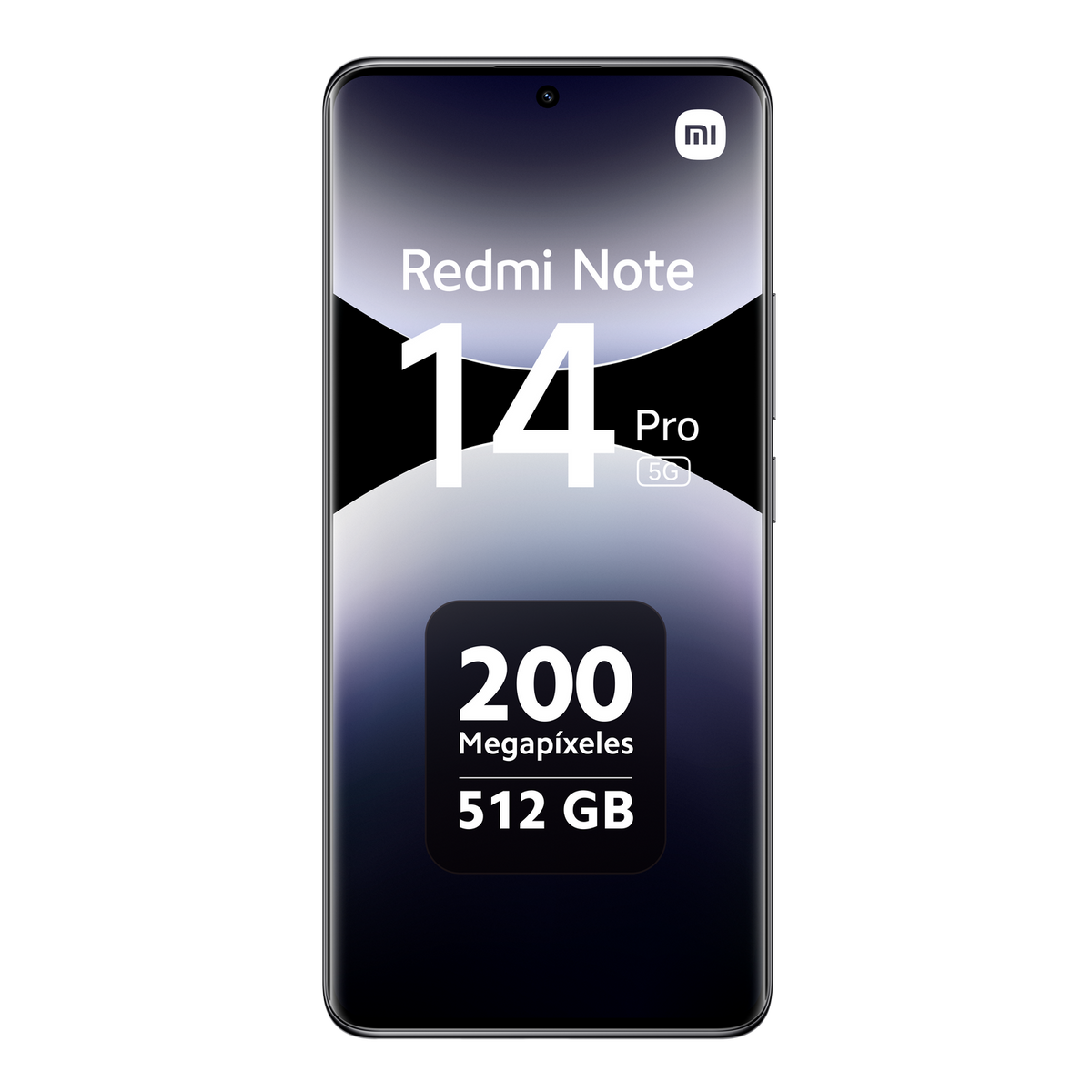 Ekran smartfona pokazujący 'Redmi Note 14 Pro 5G' i specyfikacje na czarnym tle.