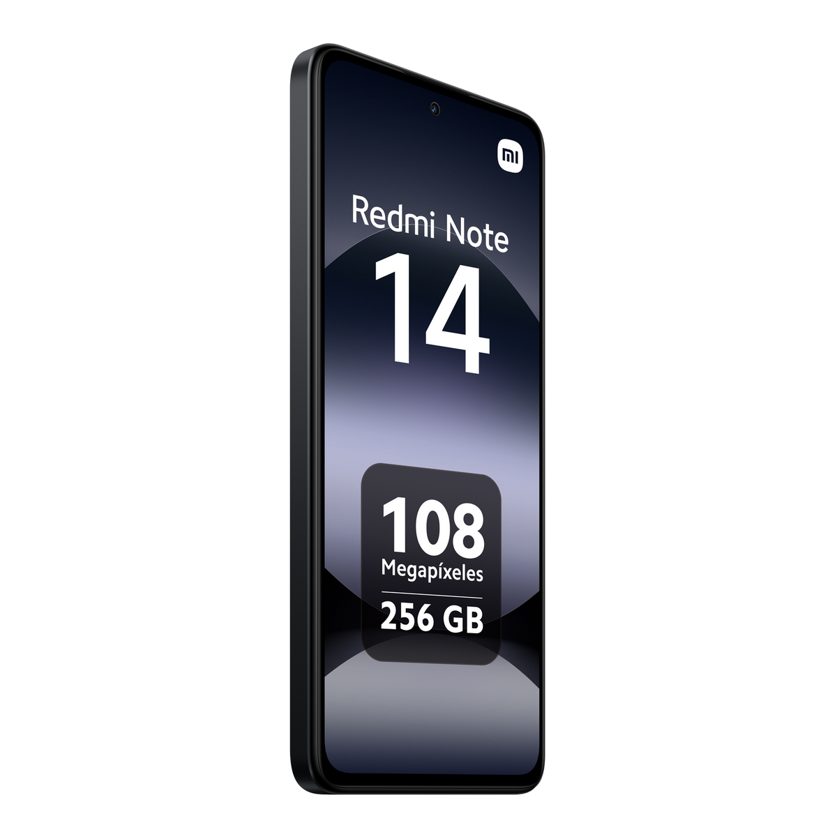 Czarny smartfon Redmi Note 14 z dużym ekranem wyświetlającym tekst i ikony.