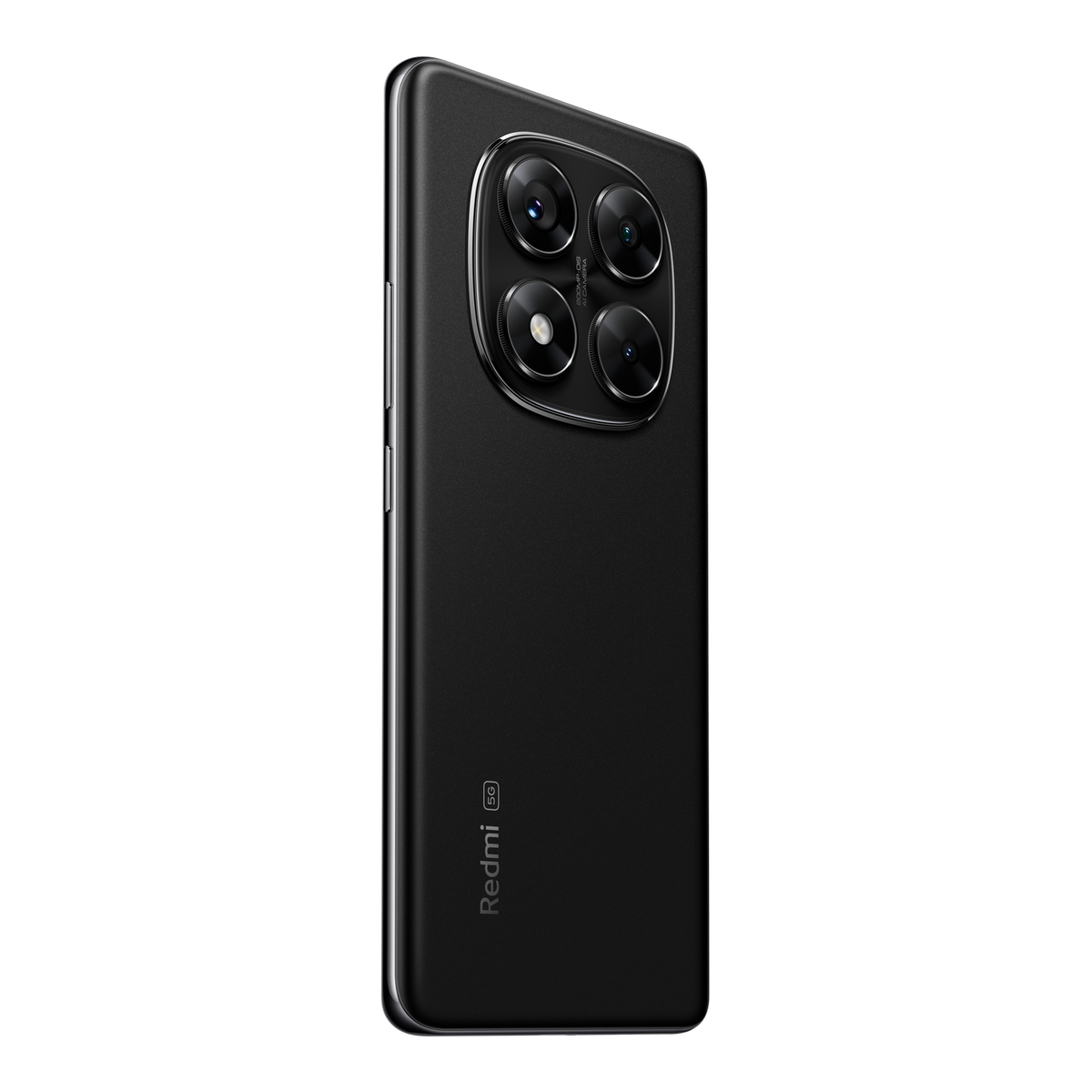 Czarny smartfon z czterema tylnymi aparatami, widok z boku, na czarnym tle.