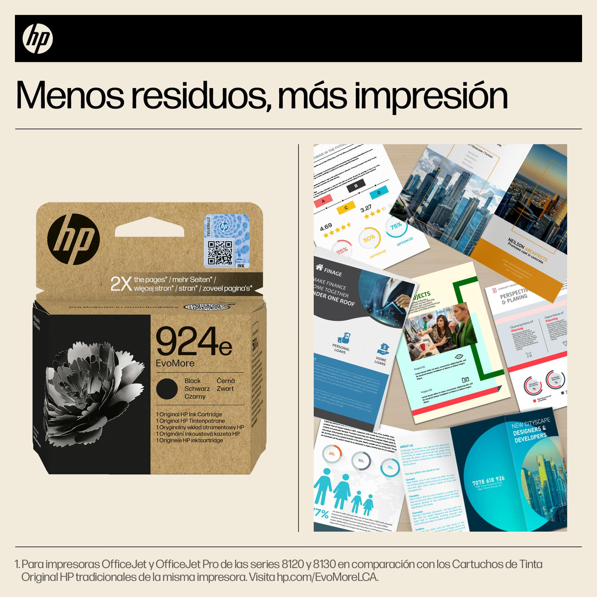 Scatola della cartuccia d'inchiostro HP con un design floreale nero e il testo '924e EvoMore Black'.