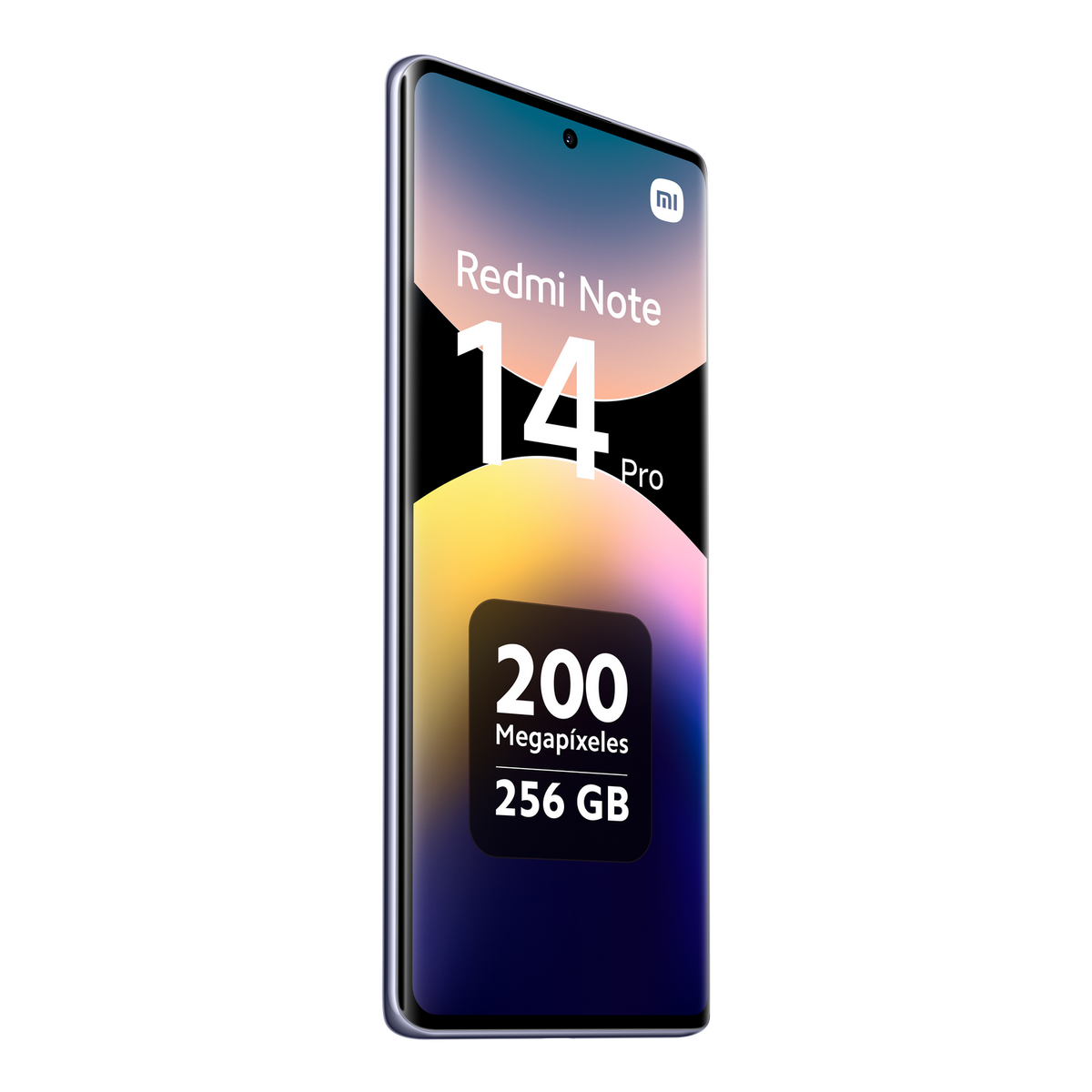 Téléphone Redmi Note 14 Pro sur fond noir avec texte : 200 mégapixels, 256 Go.