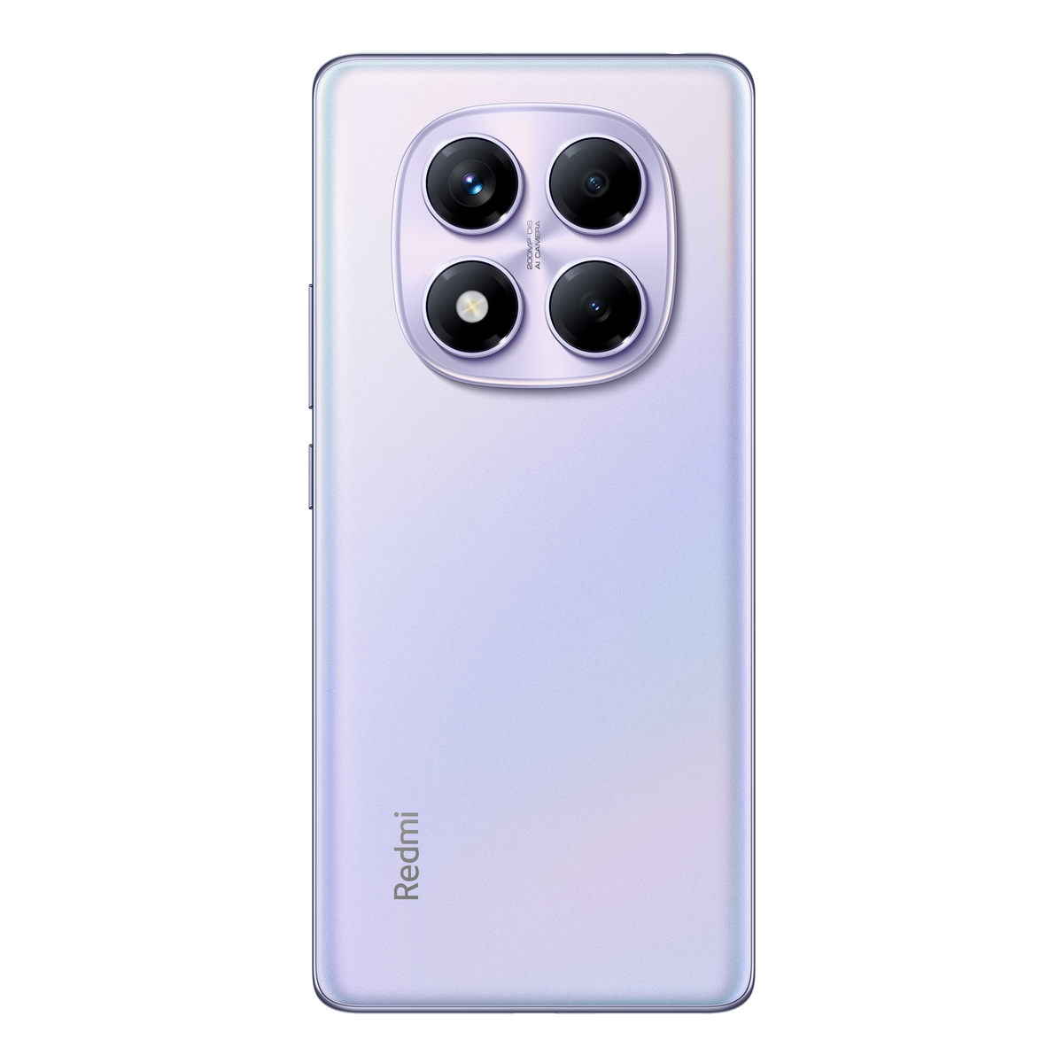 Téléphone avec trois objectifs. L'arrière est violet clair. Fond noir.