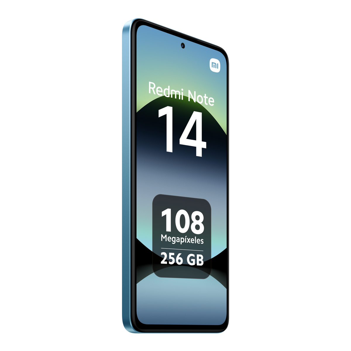 Niebieski smartfon Redmi Note 14 pokazujący wyświetlacz z nazwą telefonu, 108 megapikseli i 256 GB.
