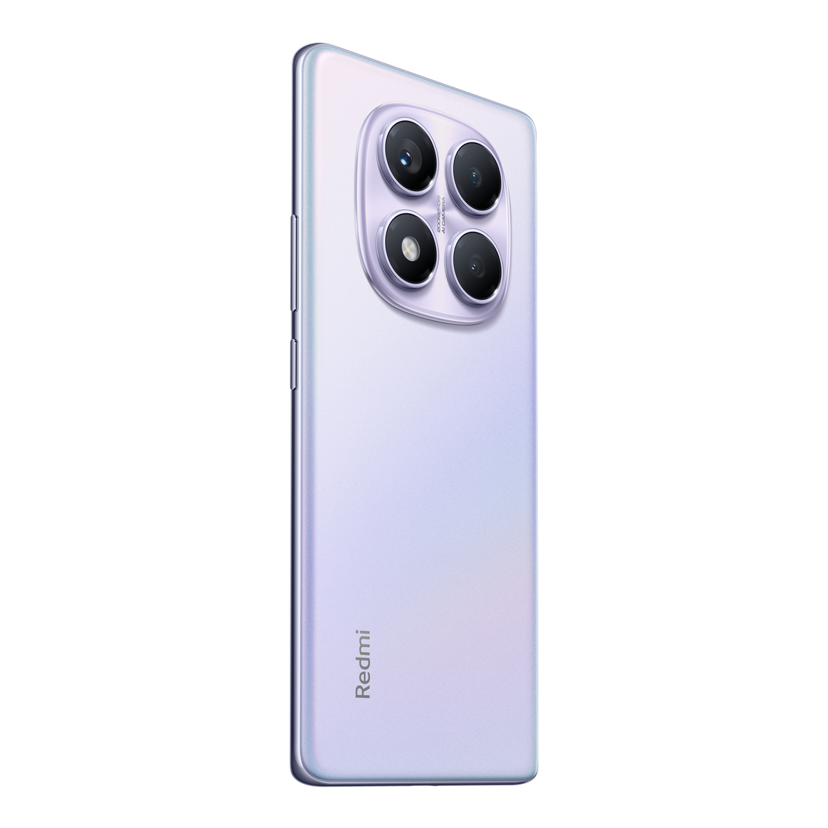 Un smartphone violet clair avec quatre caméras, logo Redmi. Fond noir.