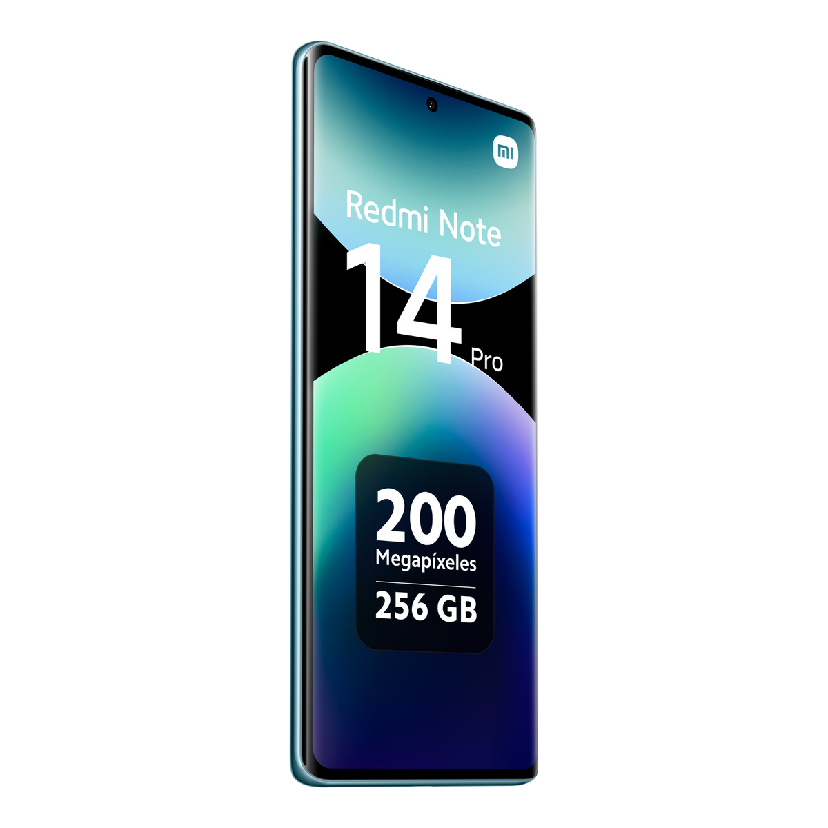 Teléfono Redmi Note 14 Pro. Pantalla muestra un fondo de pantalla vibrante. 200 Megapíxeles, 256 GB texto.