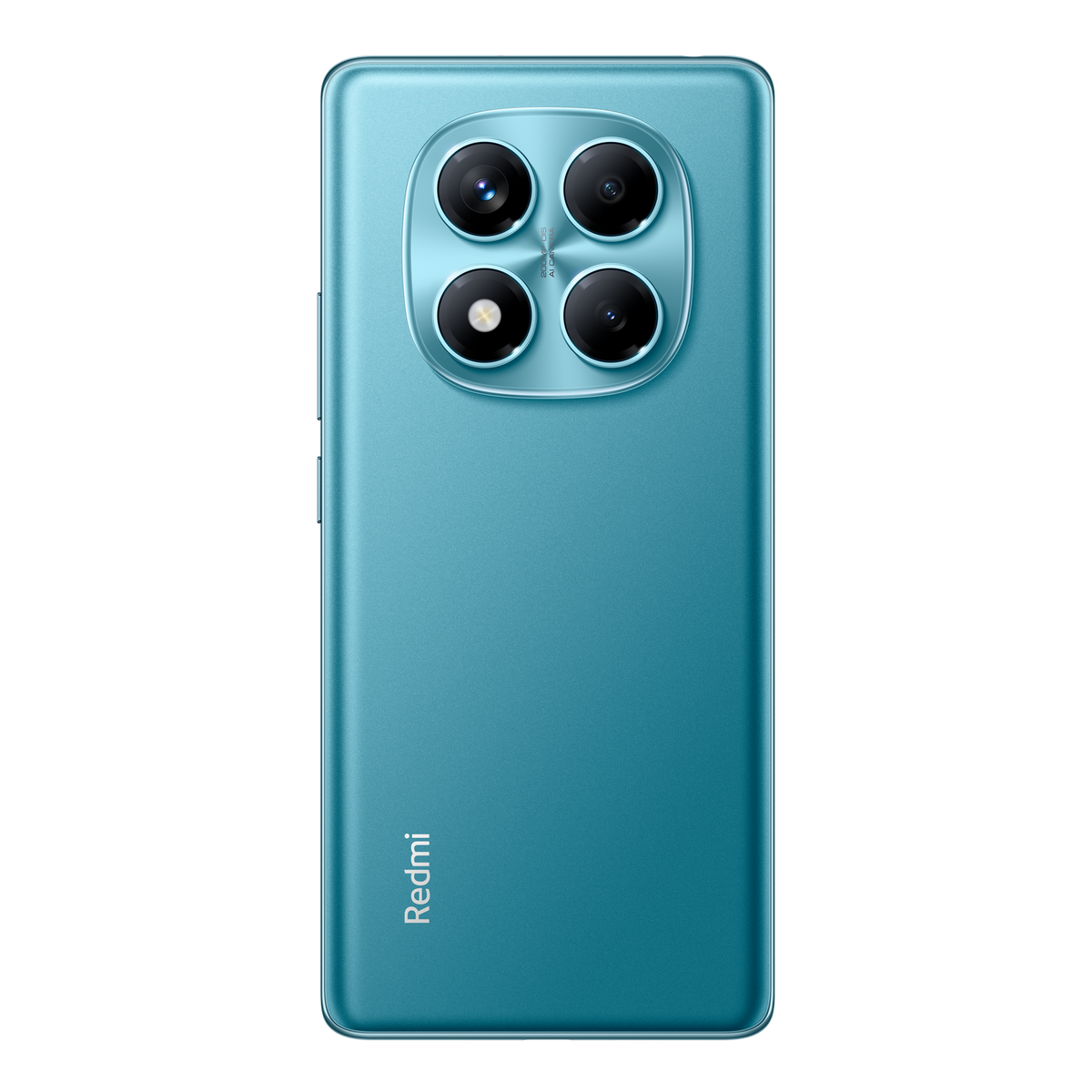 Teléfono turquesa con cuatro cámaras traseras y el logo Redmi sobre fondo negro.