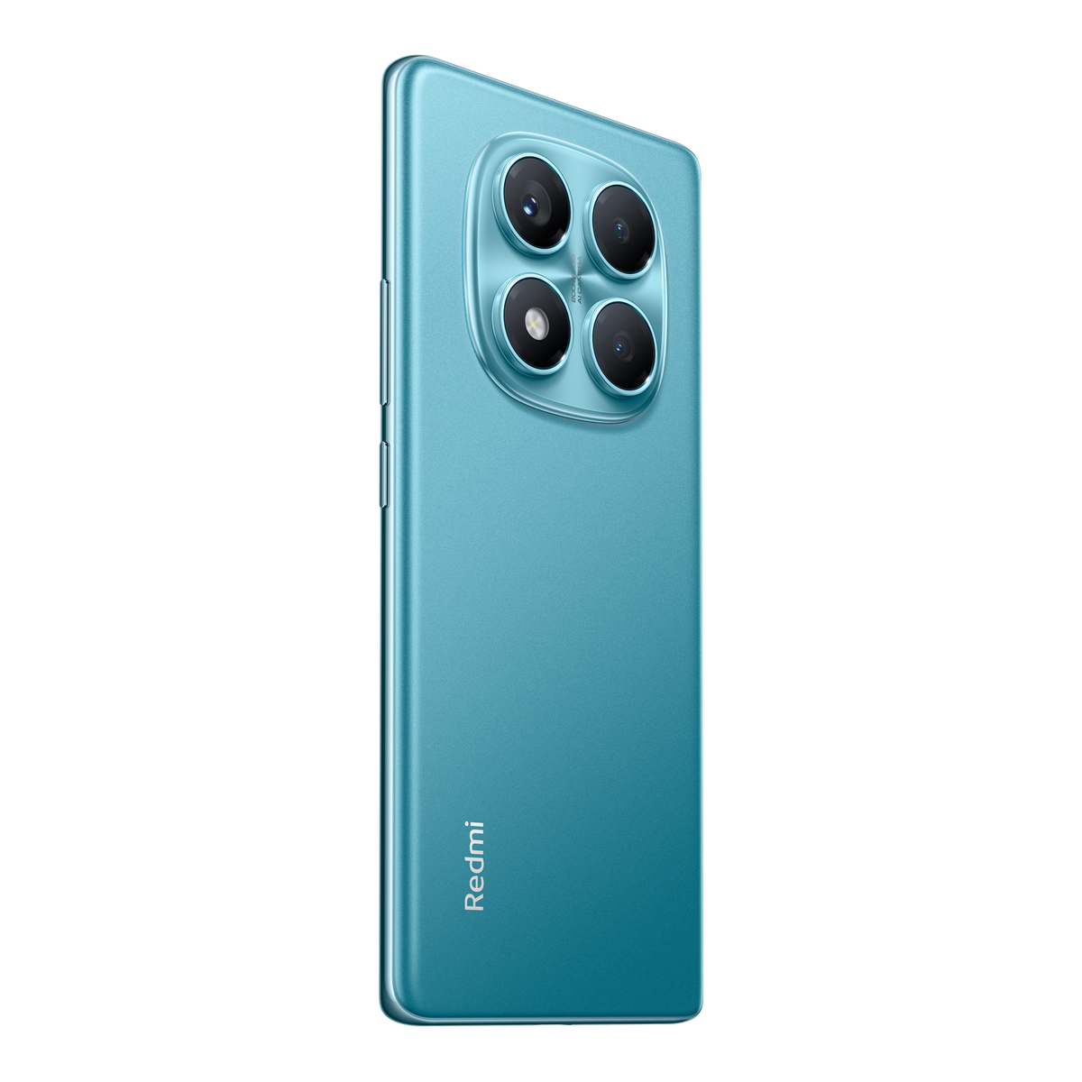 Parte trasera de teléfono azul con cuatro cámaras. Logotipo de Redmi. Fondo negro.
