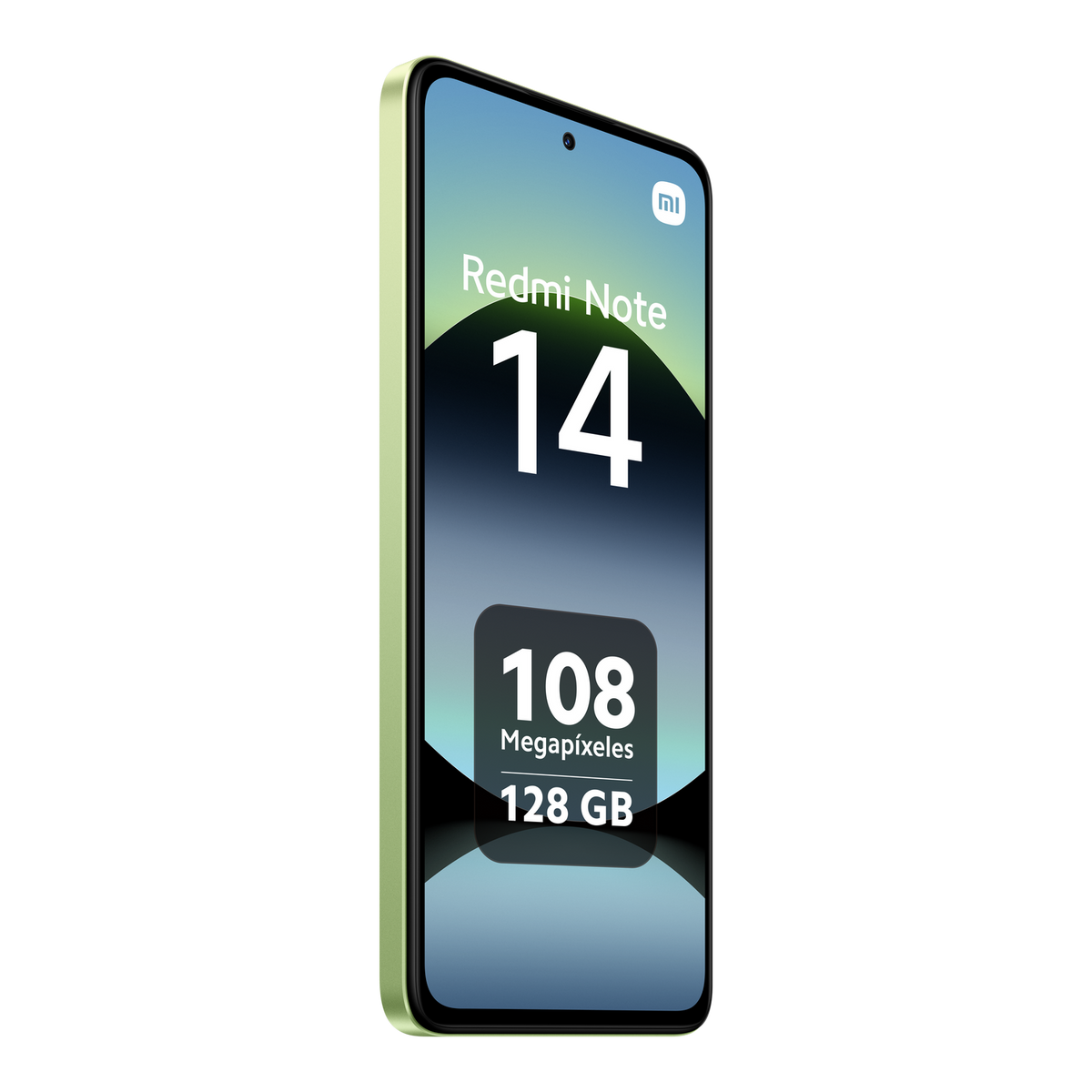 Zielony telefon z ekranem wyświetlającym Redmi Note 14 i specyfikacjami: 108 megapikseli, 128 GB.