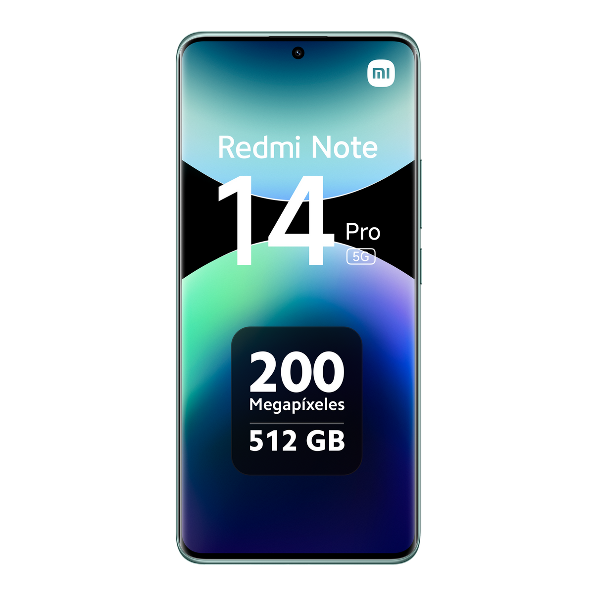 Telefon Redmi Note 14 Pro 5G. Ekran wyświetla nazwę telefonu oraz 200 megapikseli i 512 GB.