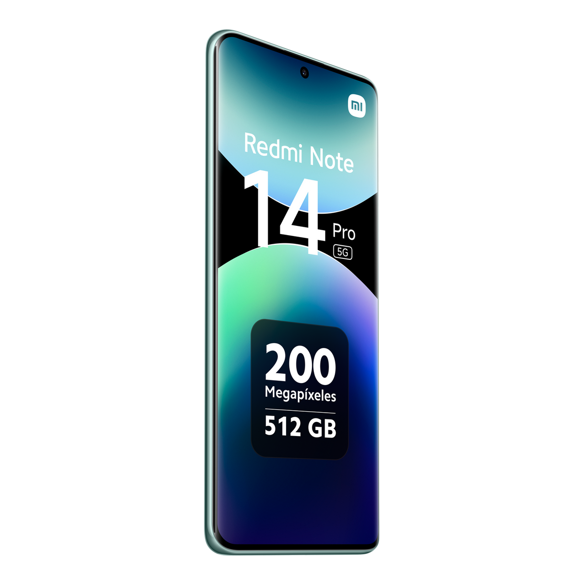 Smartfon Redmi Note 14 Pro 5G na czarnym tle. Wyświetla 14, 200 megapikseli i 512 GB.