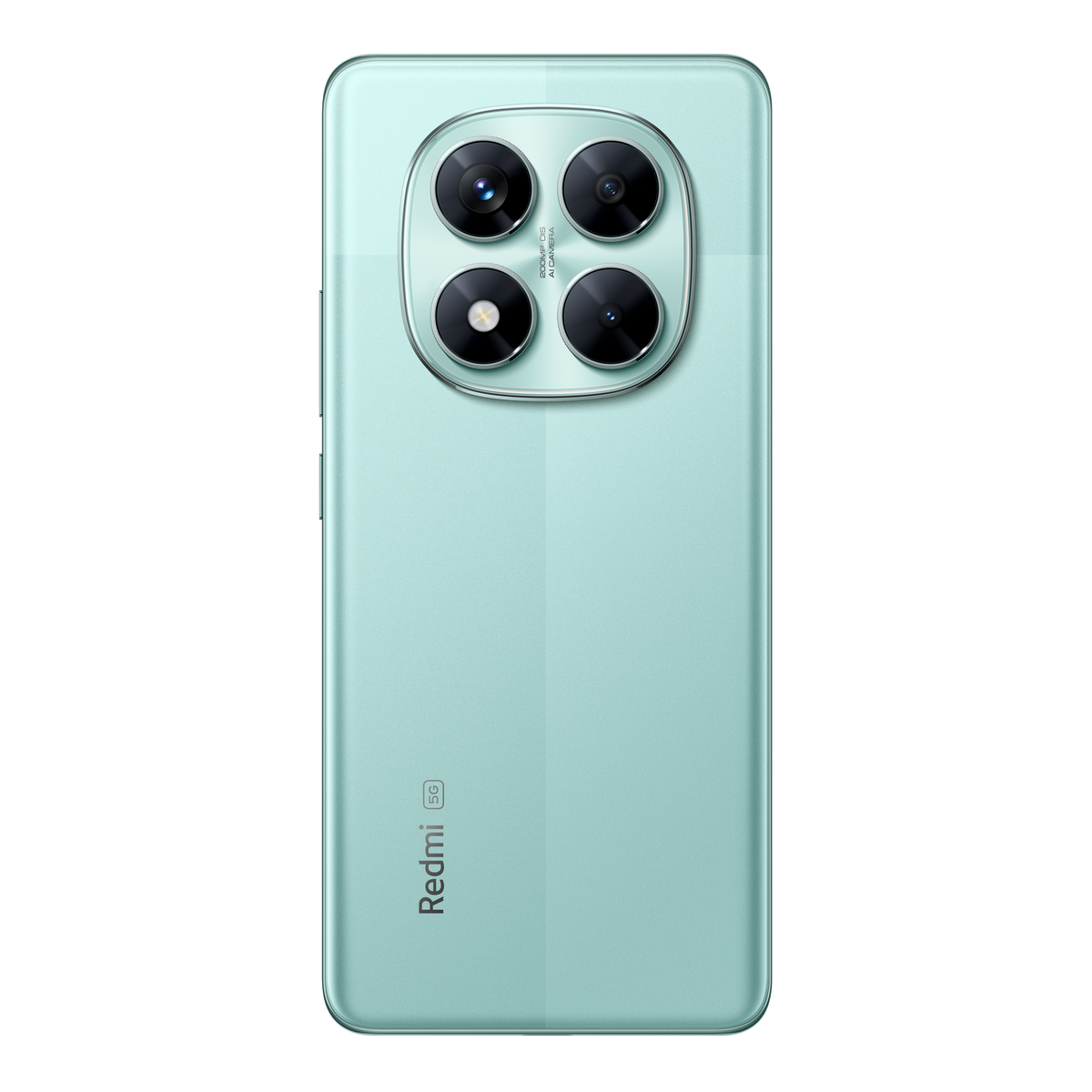 Smartfon w kolorze turkusowym z czterema tylnymi aparatami. Tło jest czarne.