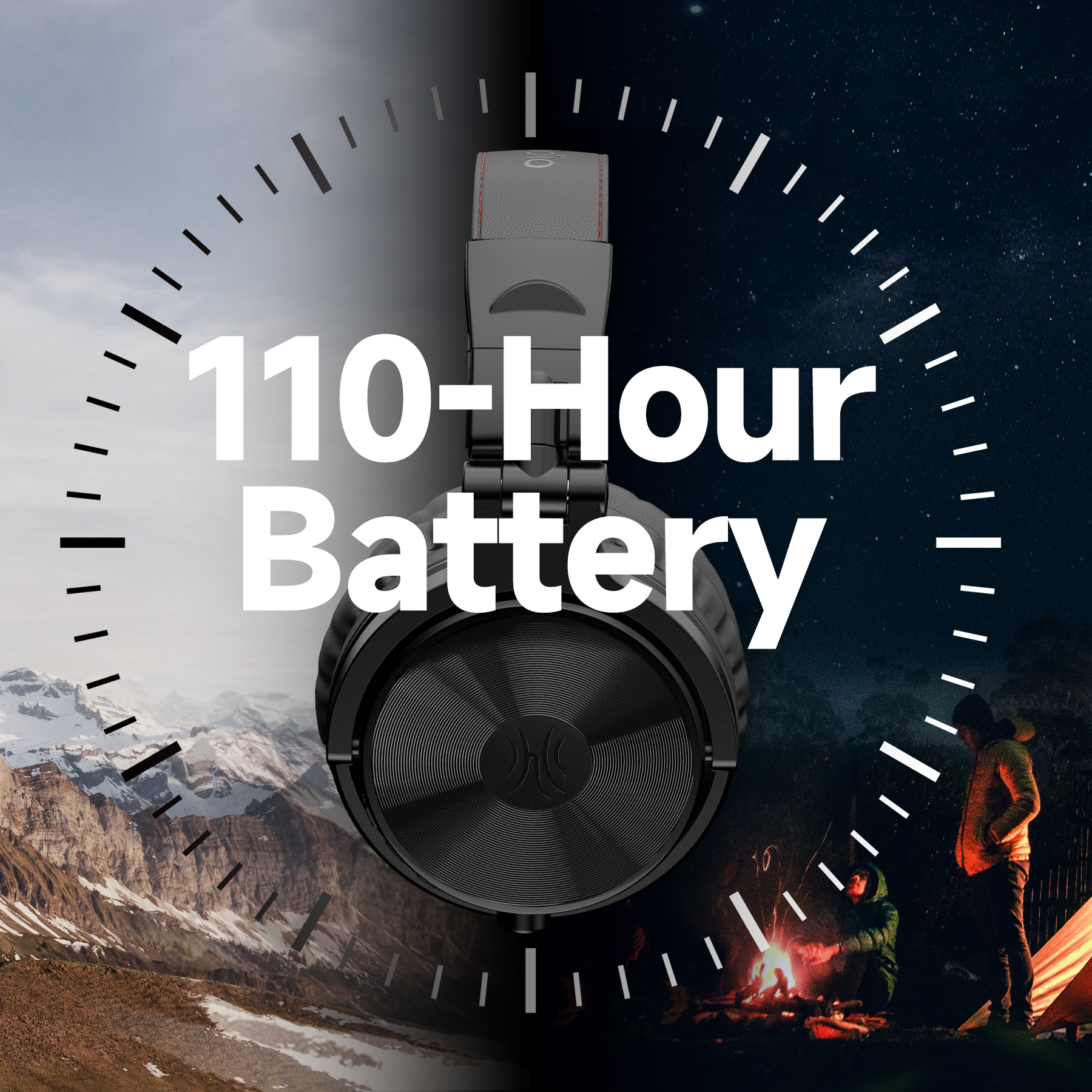 Hoofdtelefoon met een tekst van 110 uur batterijduur over een nachtscène.