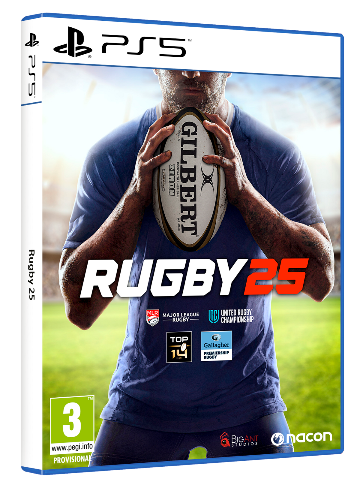 Caja del juego PS5 para Rugby 25. La portada muestra a un hombre sosteniendo un balón de rugby.