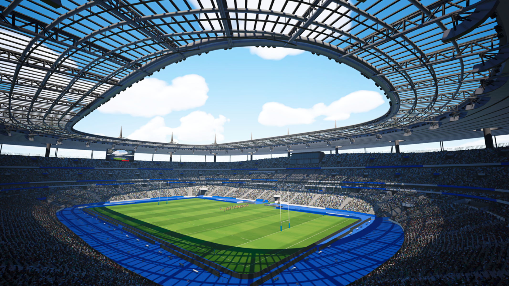 Interior estadio rugby, campo verde, pista azul, espectadores, cielo azul.