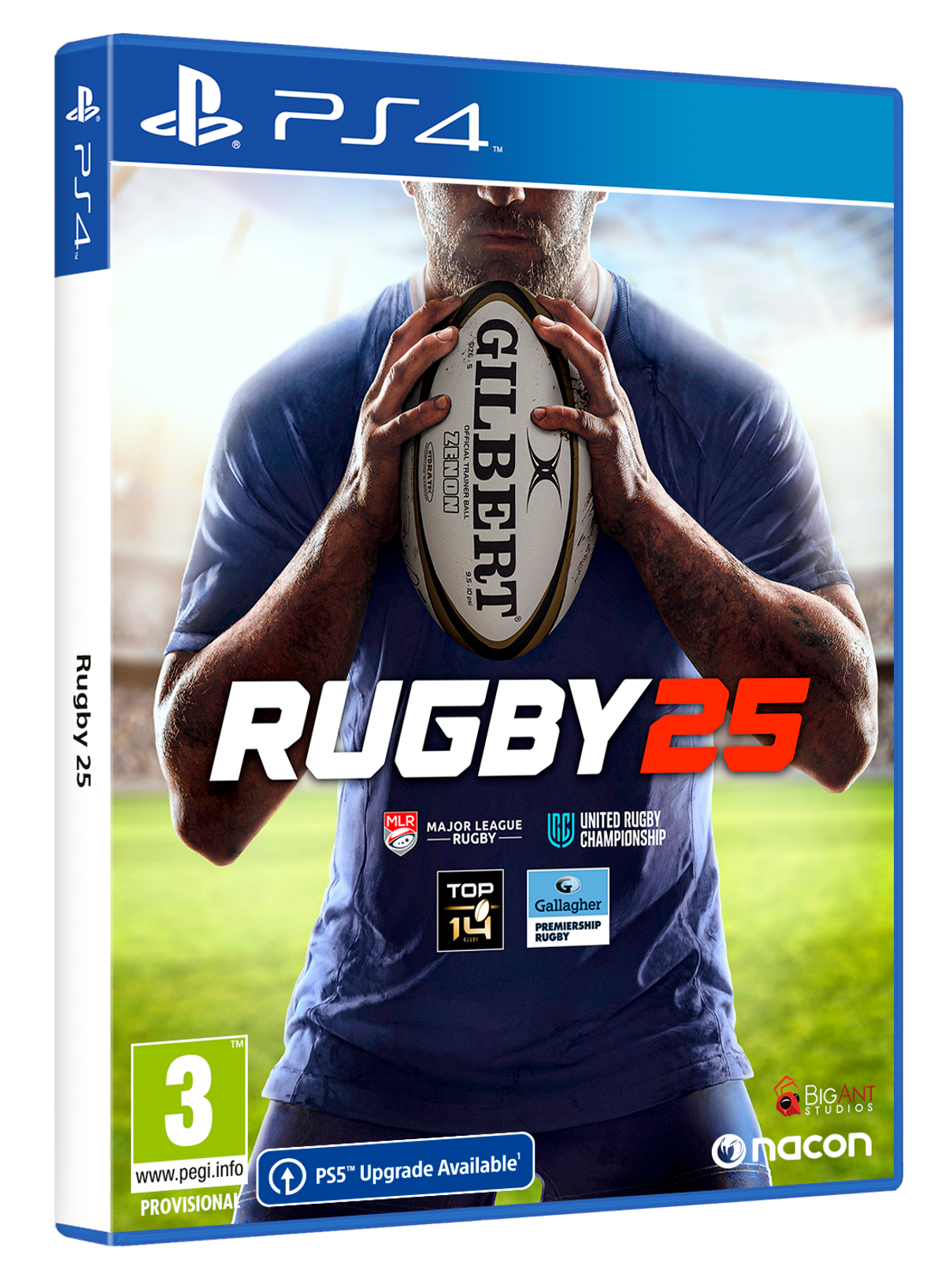 Portada del juego Rugby 25 para PS4. Un hombre con camiseta sostiene un balón de rugby.