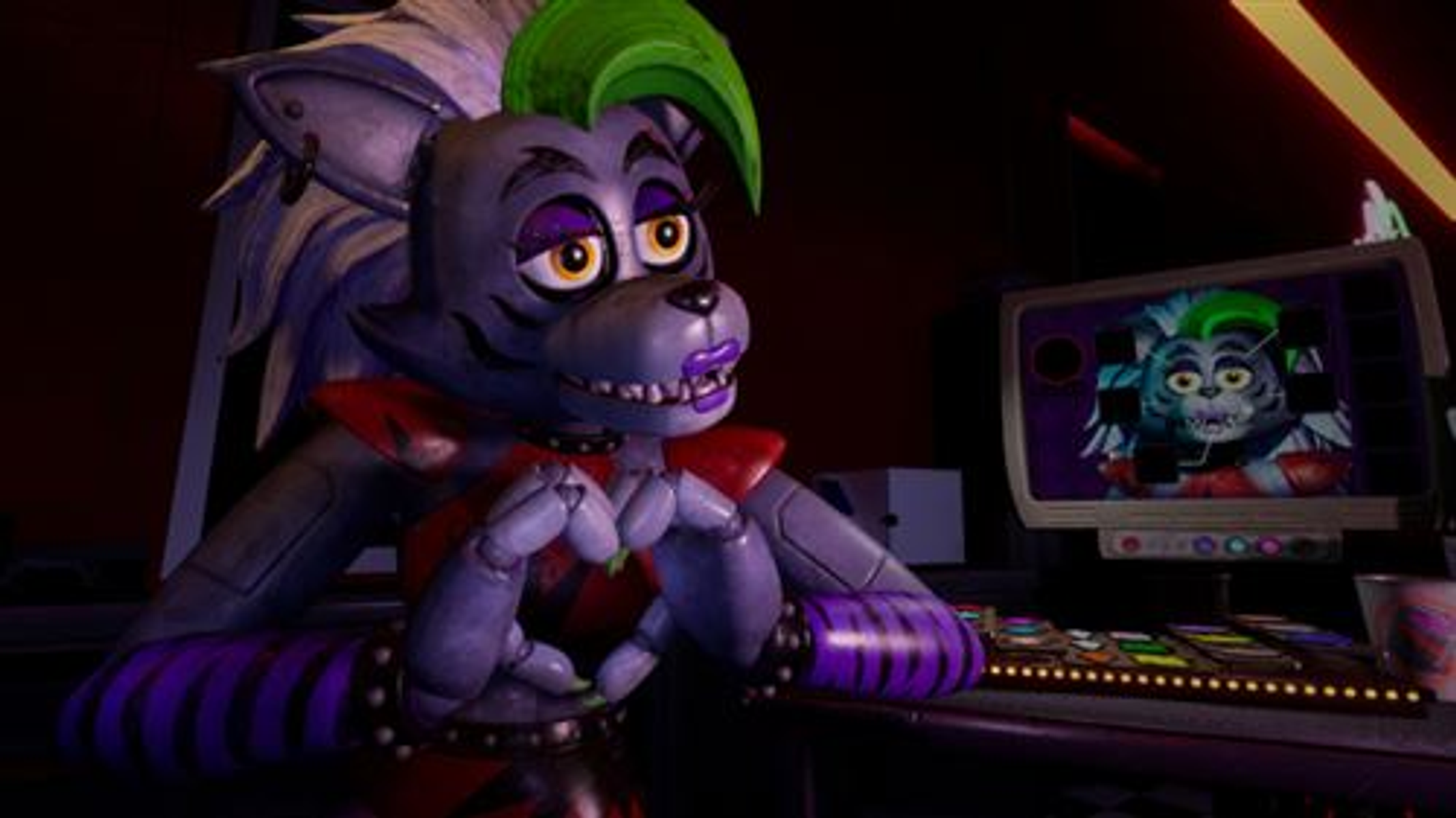 Roxanne Wolf, postać z Five Nights at Freddy's, patrzy na ekran komputera.