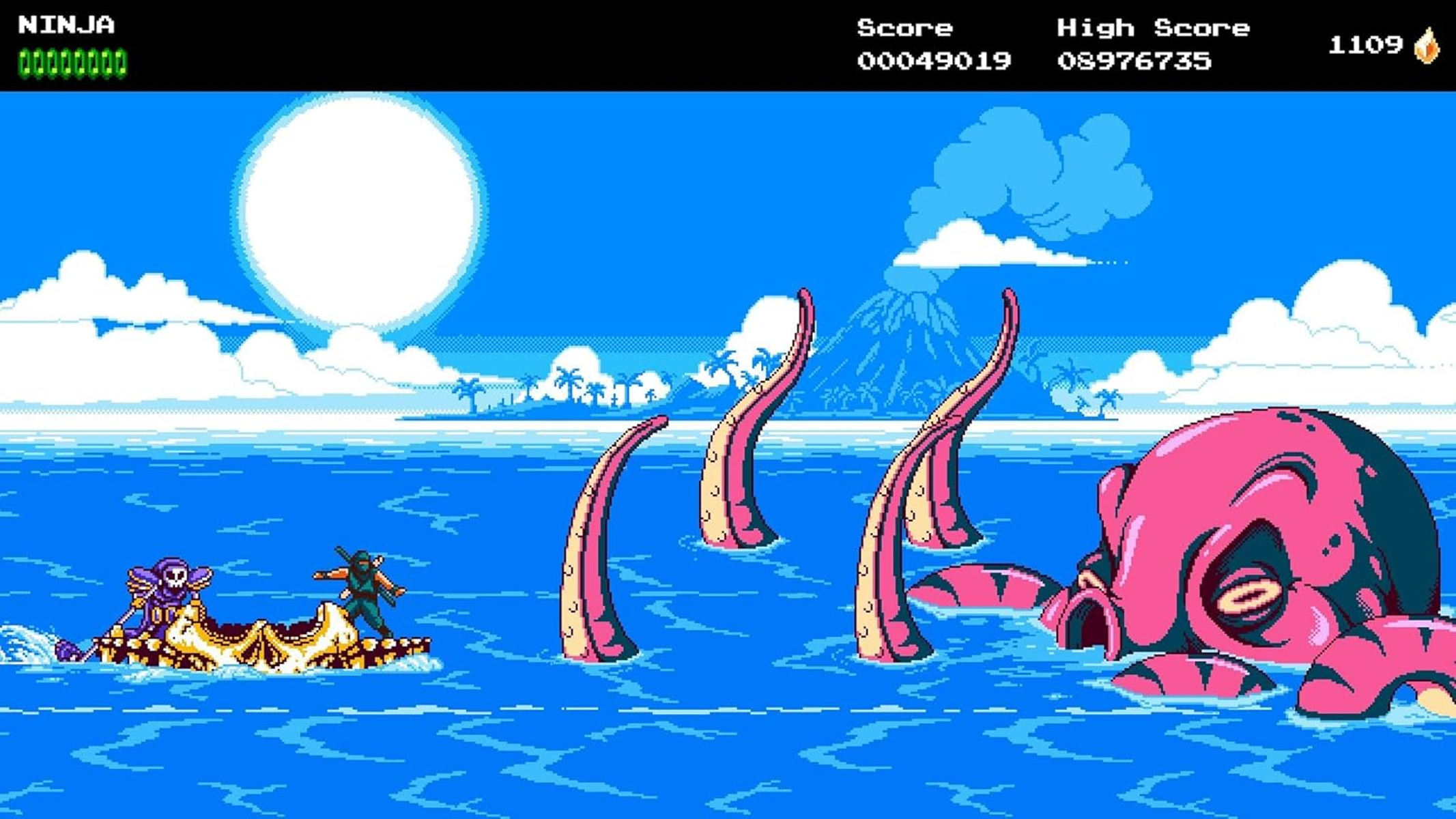 Scena di gioco pixelata: ninja sull'acqua, combatte contro un polpo gigante, con barra punteggio e salute.