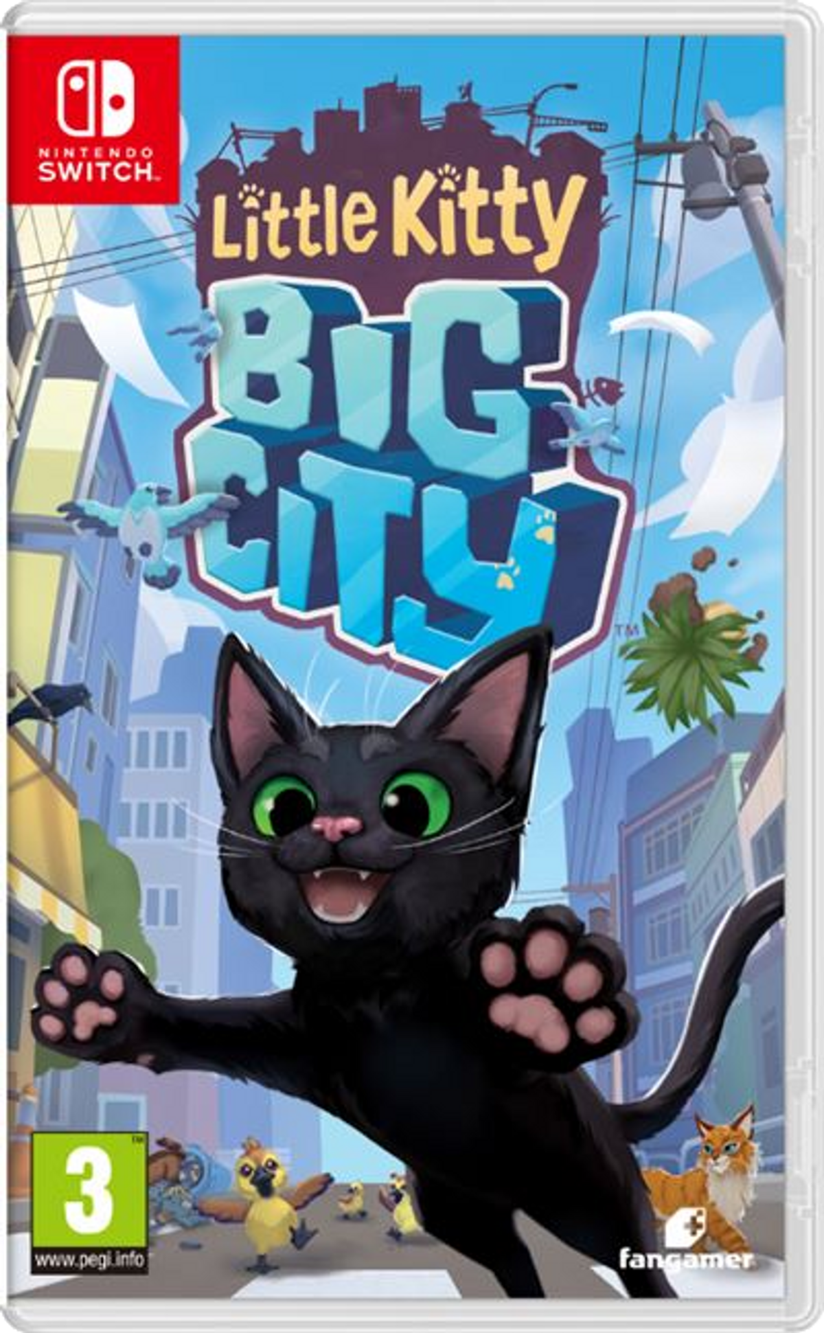 Pudełko z grą na Nintendo Switch z grafiką 'Little Kitty Big City'. Przedstawiony jest czarny kot.