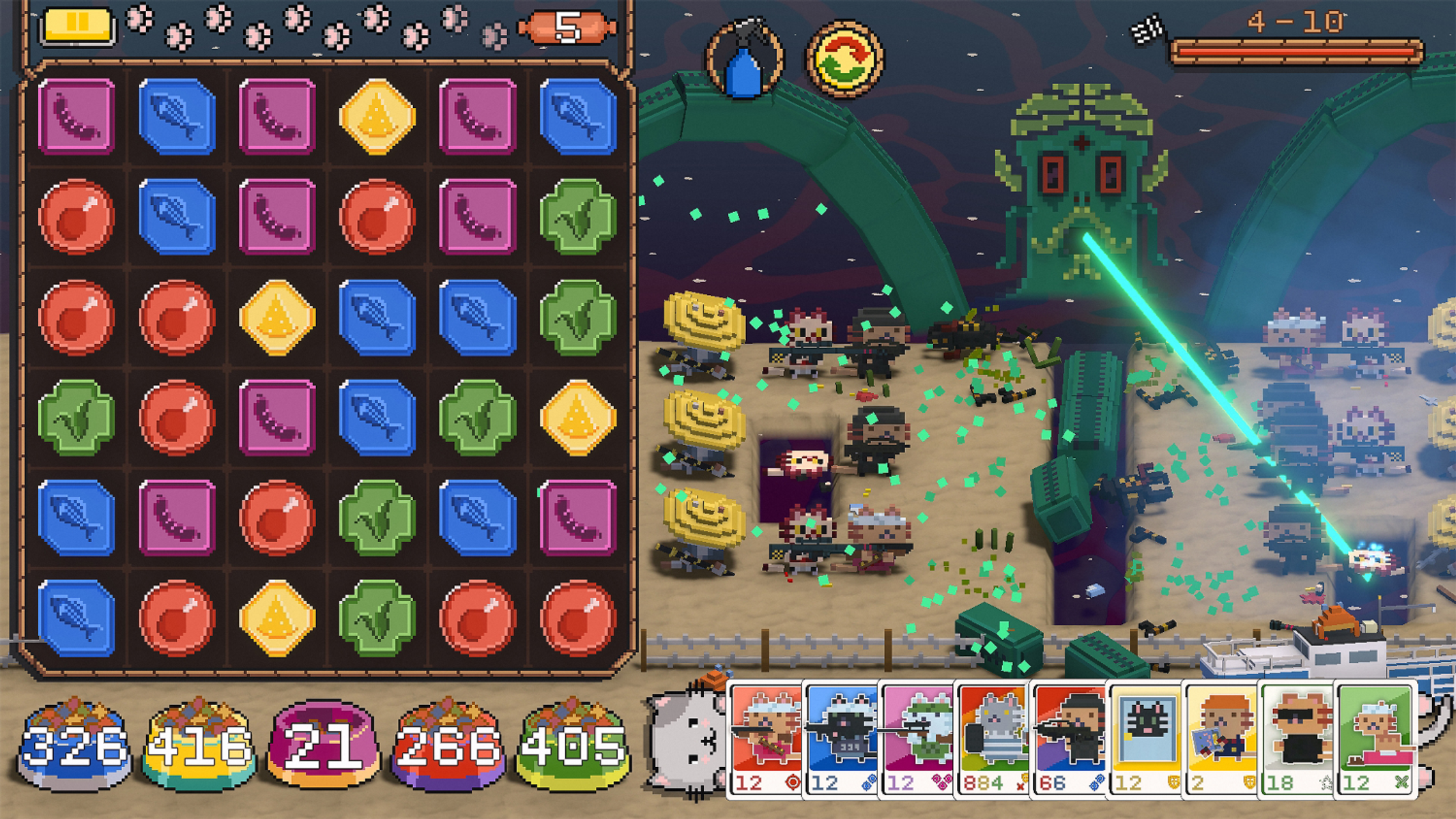 Escena de juego de arte pixelado. Cuadrícula de Match-3 con personajes y monstruo.