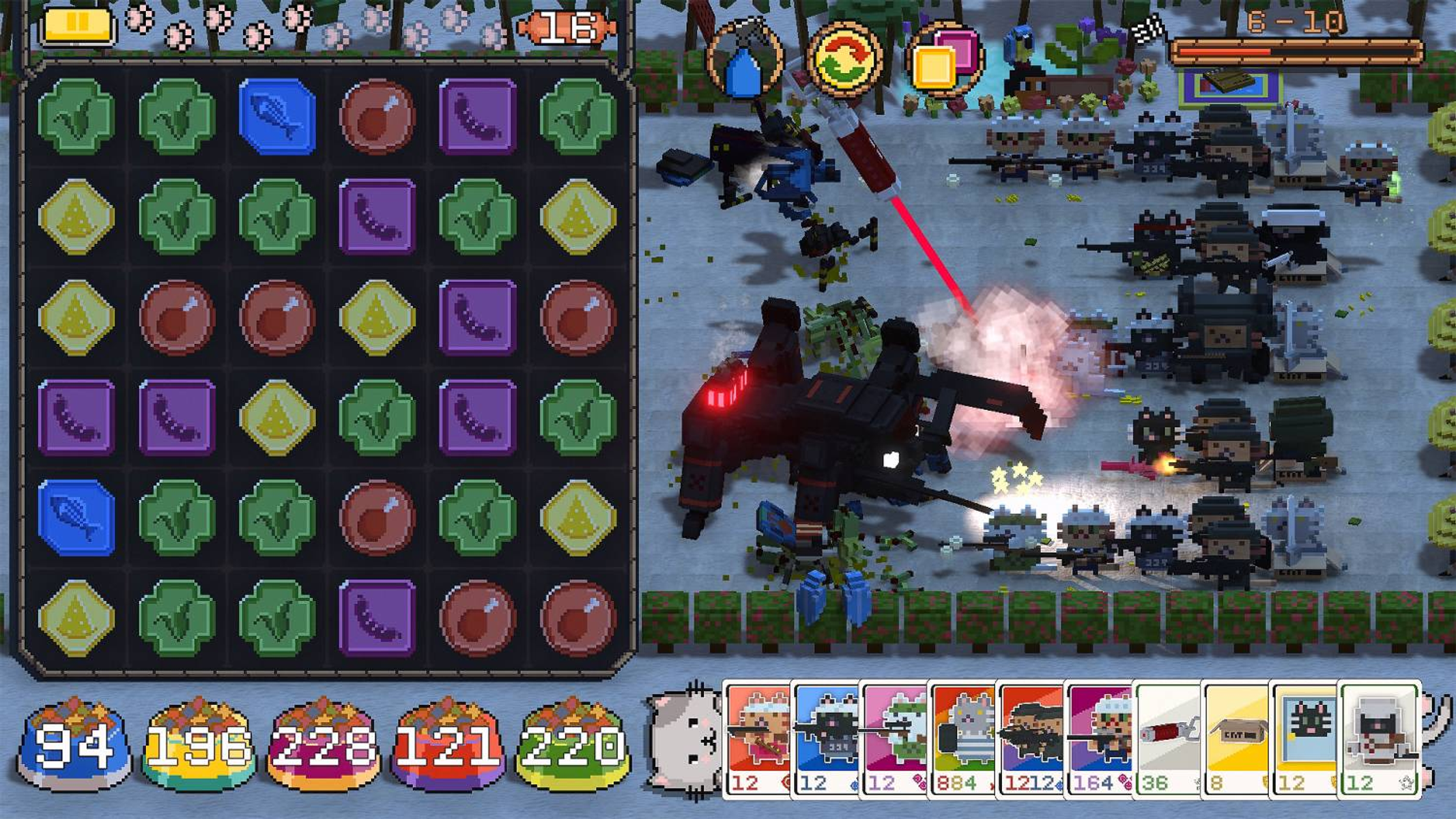 Un gioco pixelato mostra un puzzle match-3 e una scena di battaglia con soldati e un grande mech.