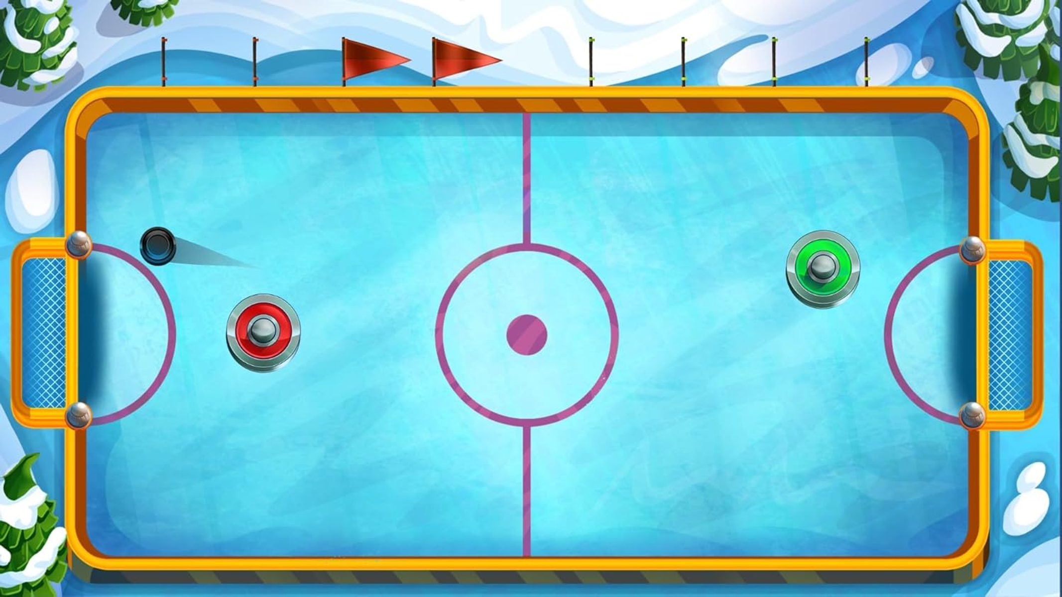 Draufsicht eines Air-Hockey-Spiels. Pucks und Schläger befinden sich auf der blauen Oberfläche.