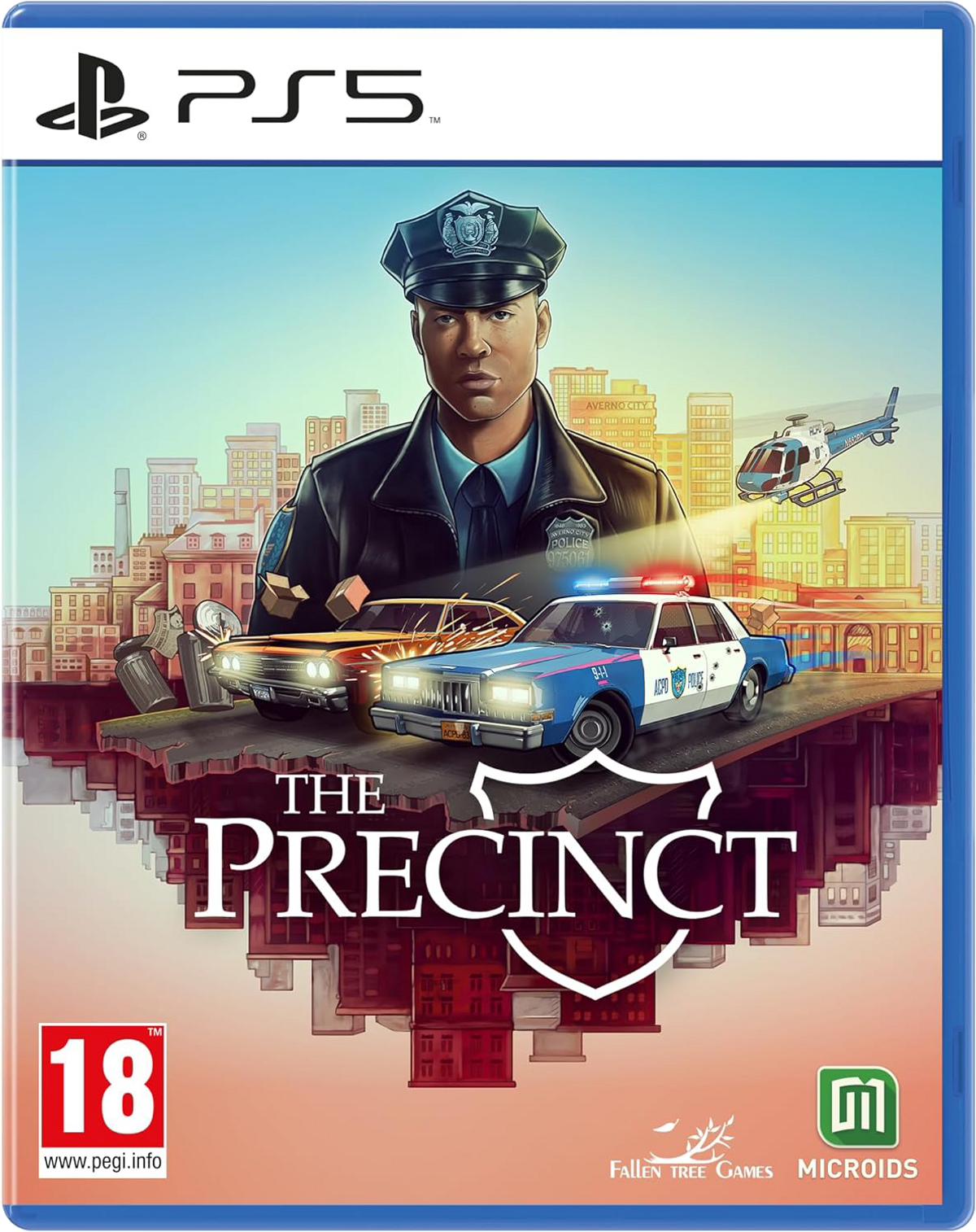 Copertina del gioco. Un agente di polizia di fronte a una scena urbana con auto della polizia.