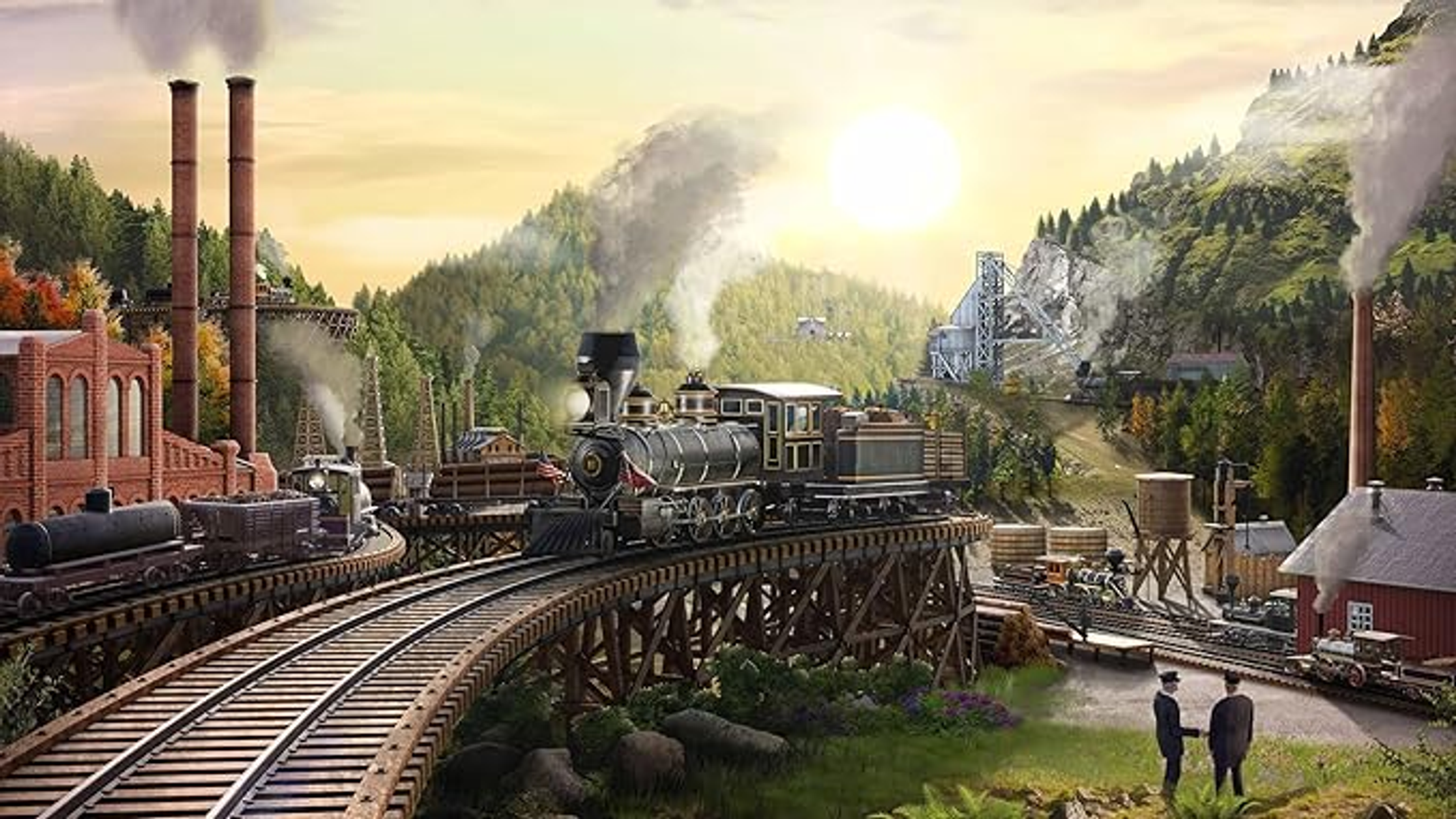 Paisaje con trenes en vías, fábricas y sol naciente.